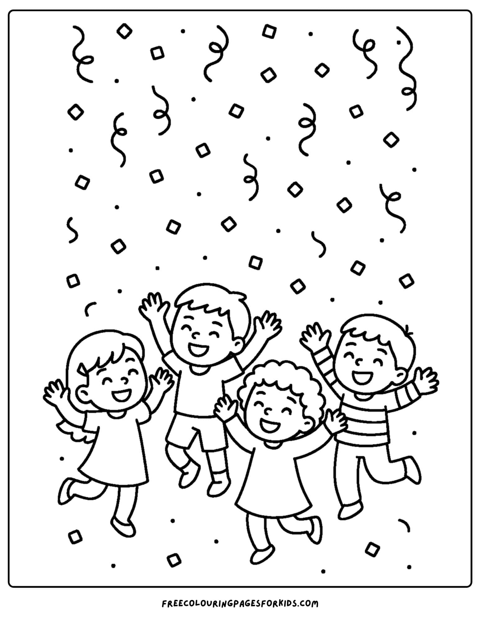 a new year coloring page featuring kids dancing in confetti