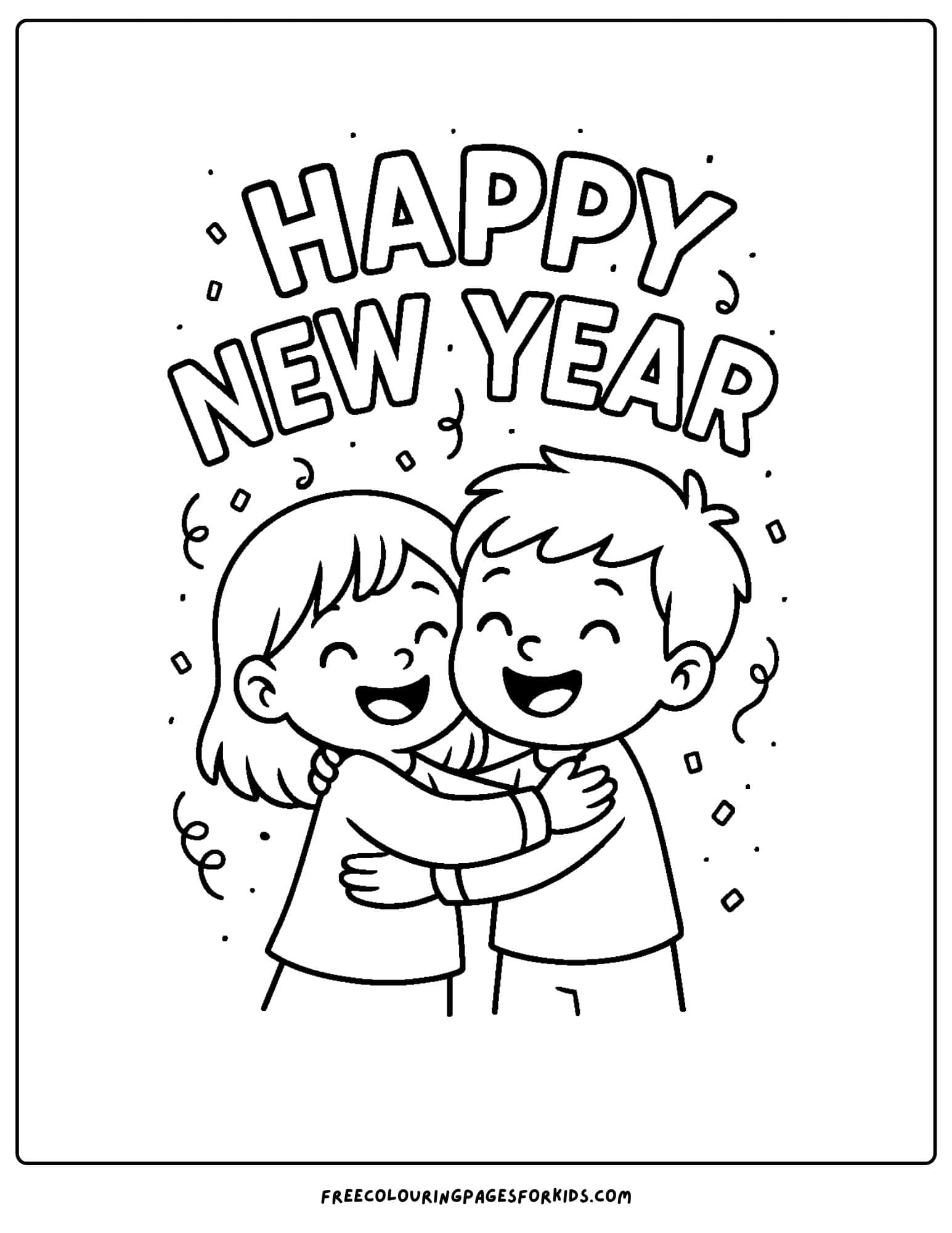 a new year coloring page featuring children hugging to celebrate the new year