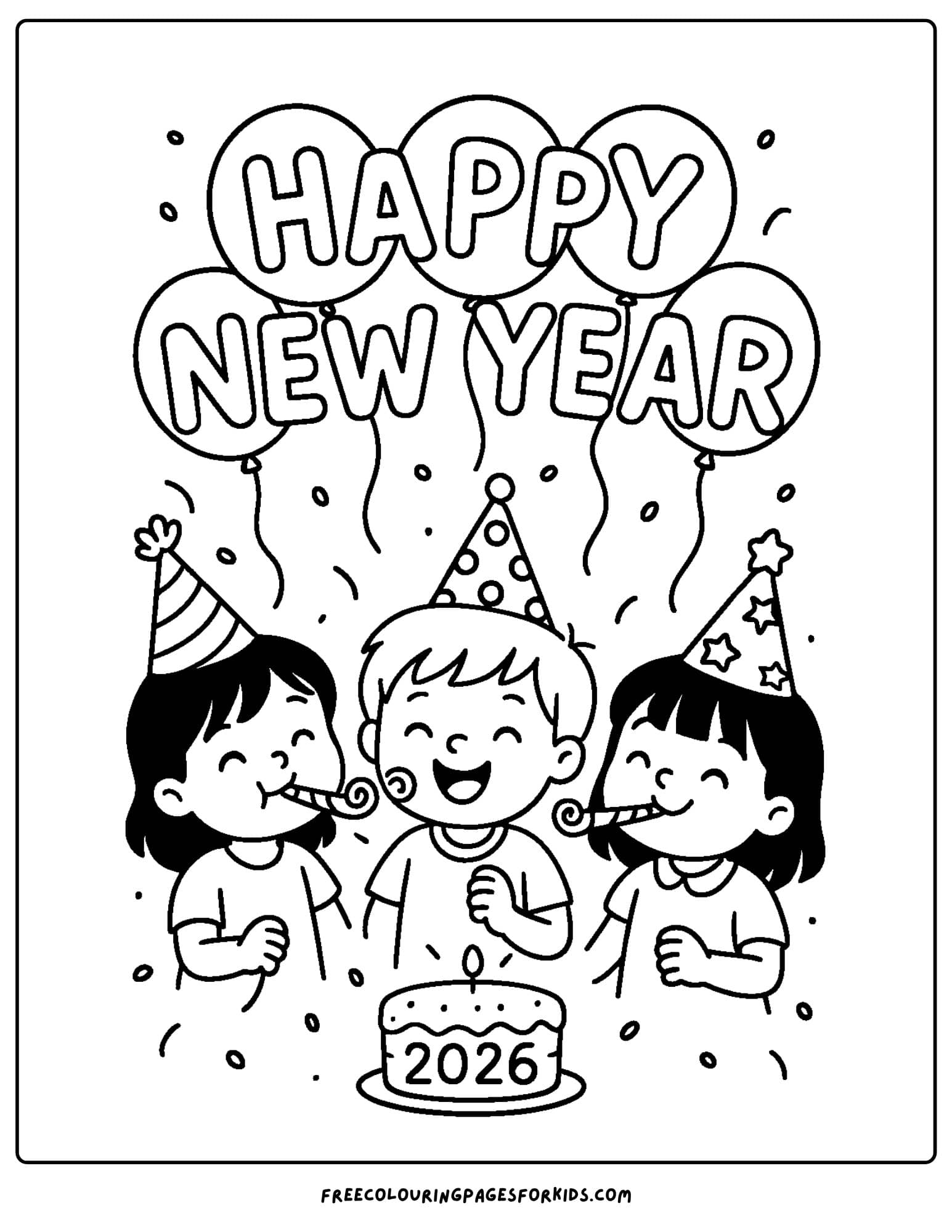 a new year coloring page featuring kids in party hats