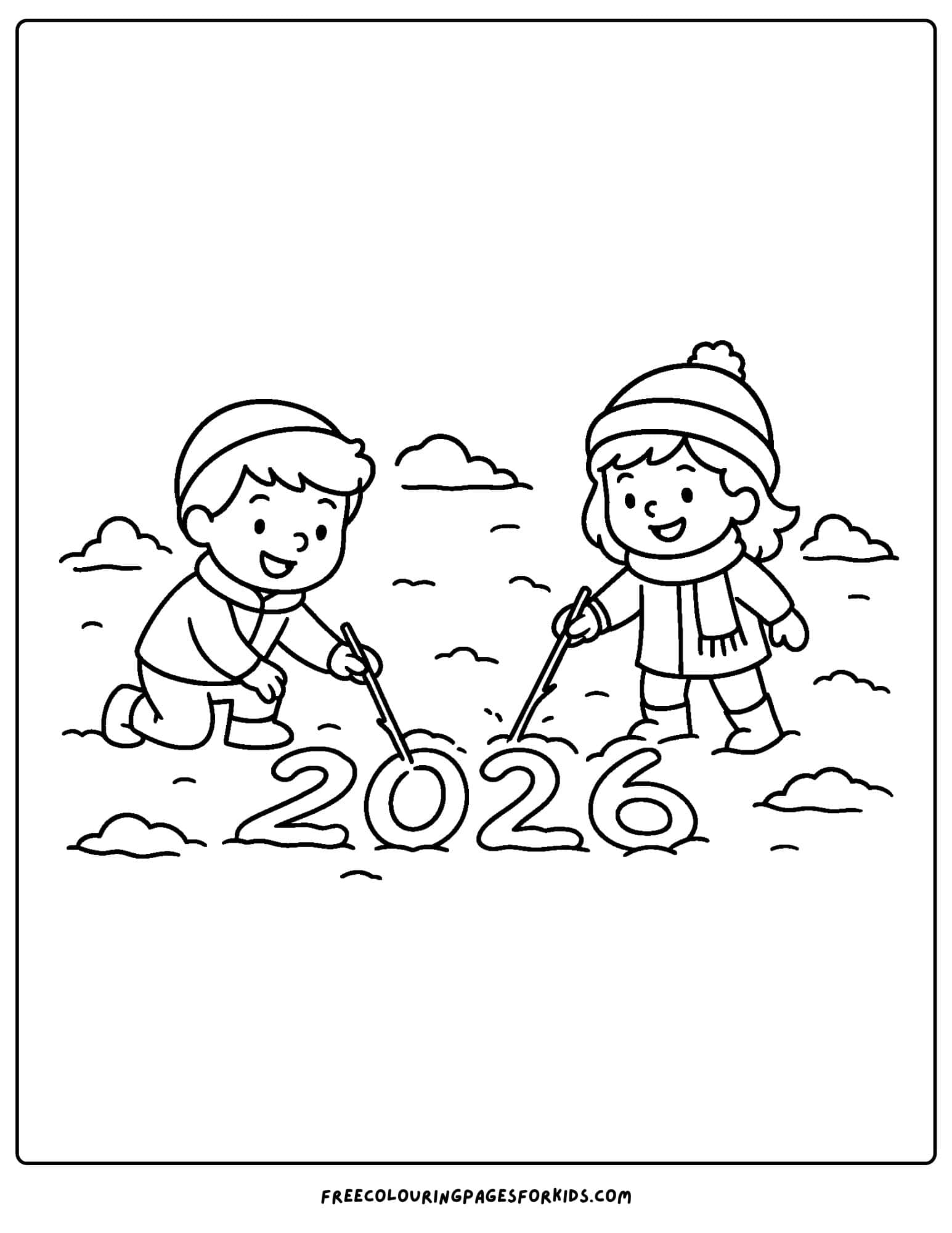 a new year coloring page featuring children drawing 2026 in the snow
