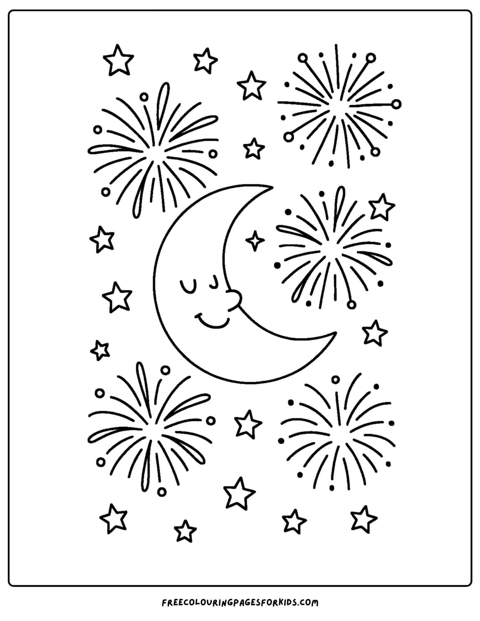 a new year coloring page featuring fireworks and the moon