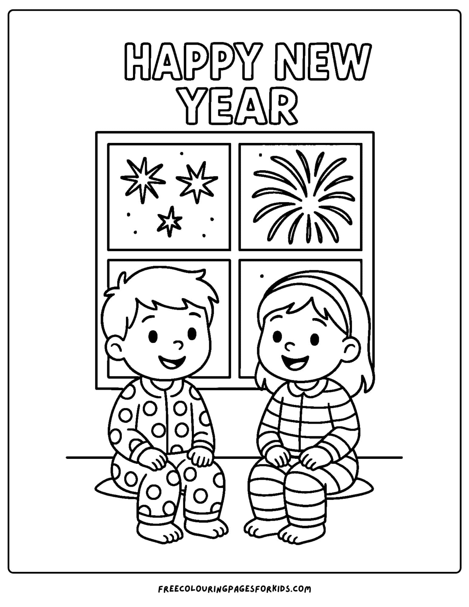 a new year coloring page featuring children in their pajamas watching the new year fireworks