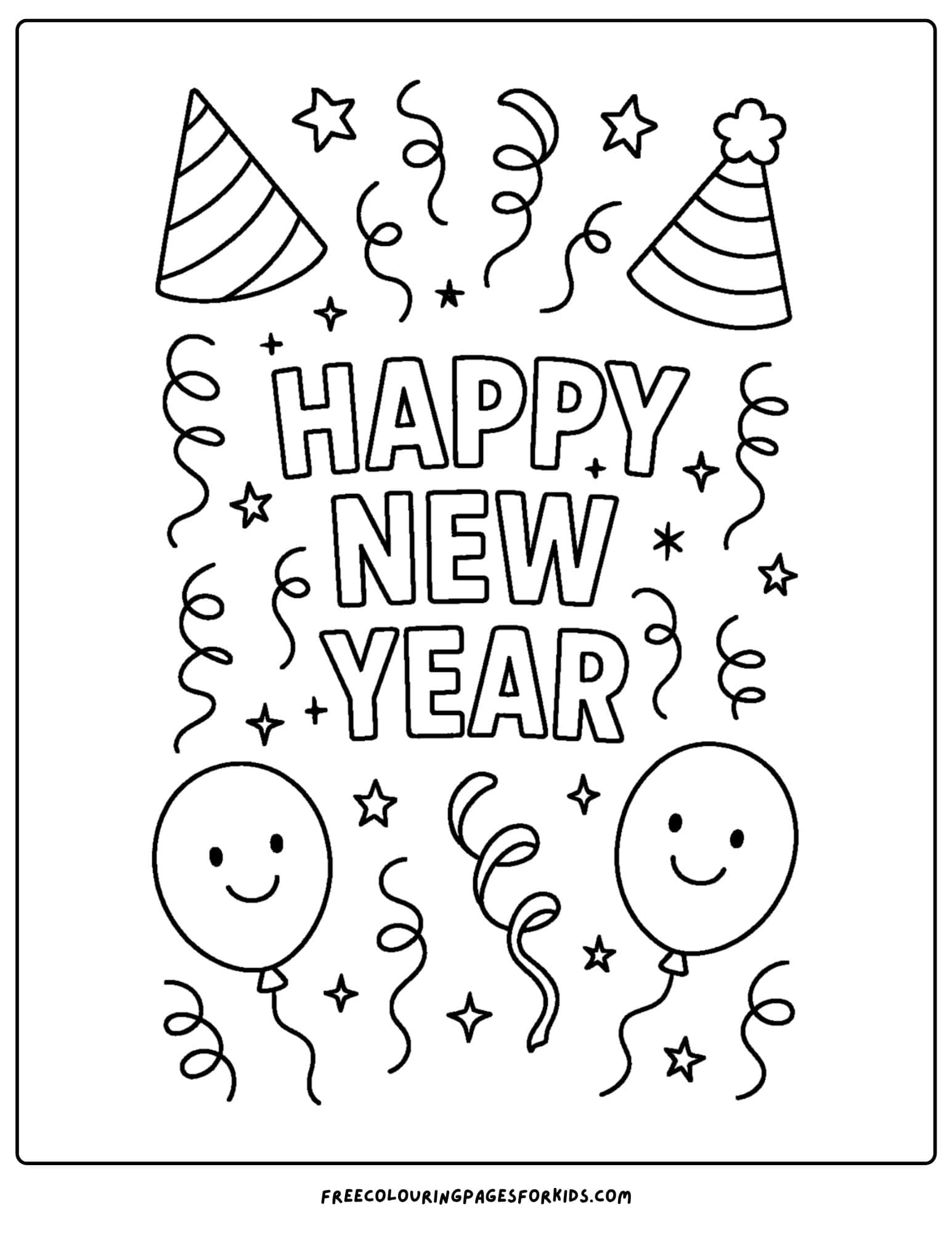 a new year coloring page featuring new year party hats and streamers