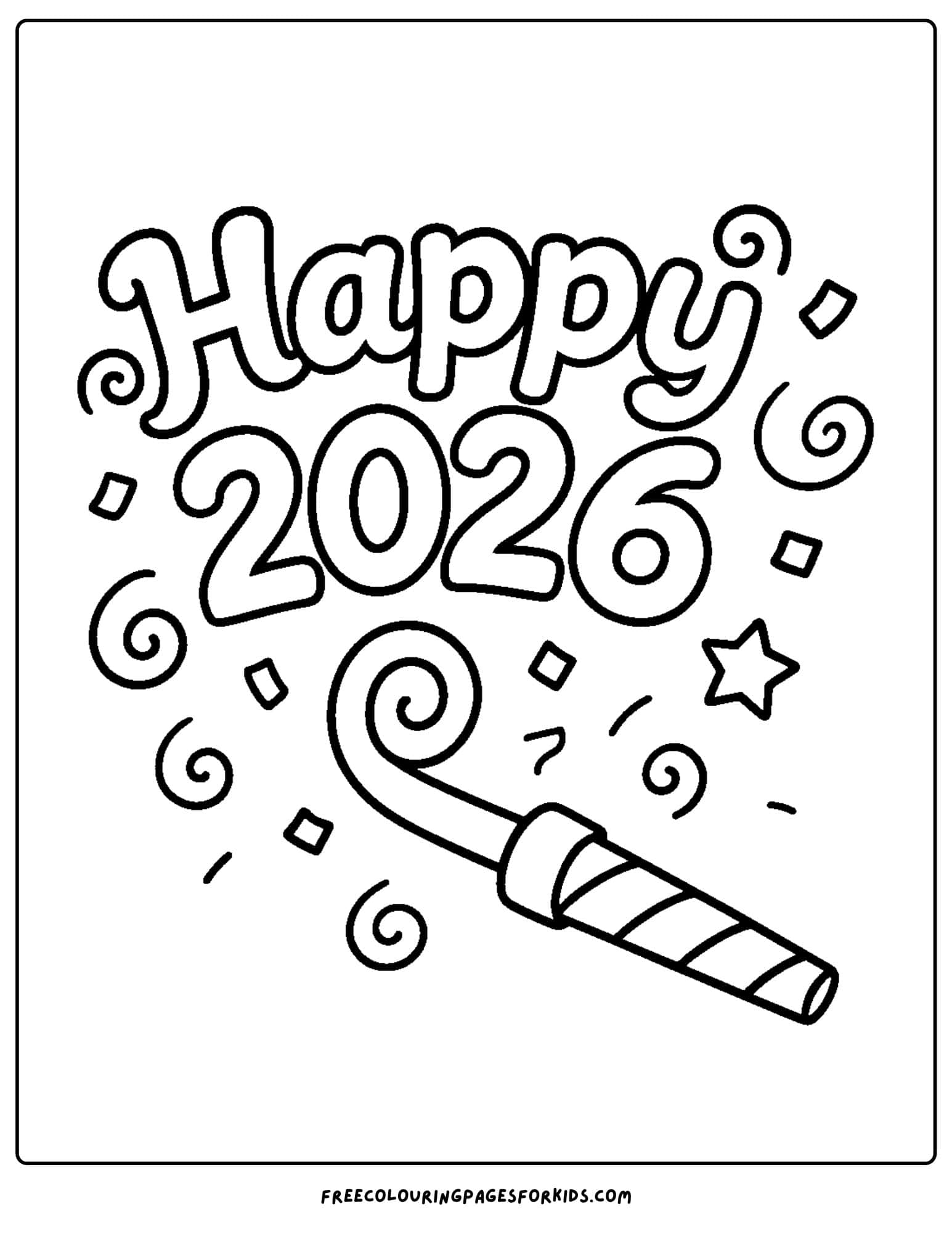 a new year coloring page featuring a 2026 party horn