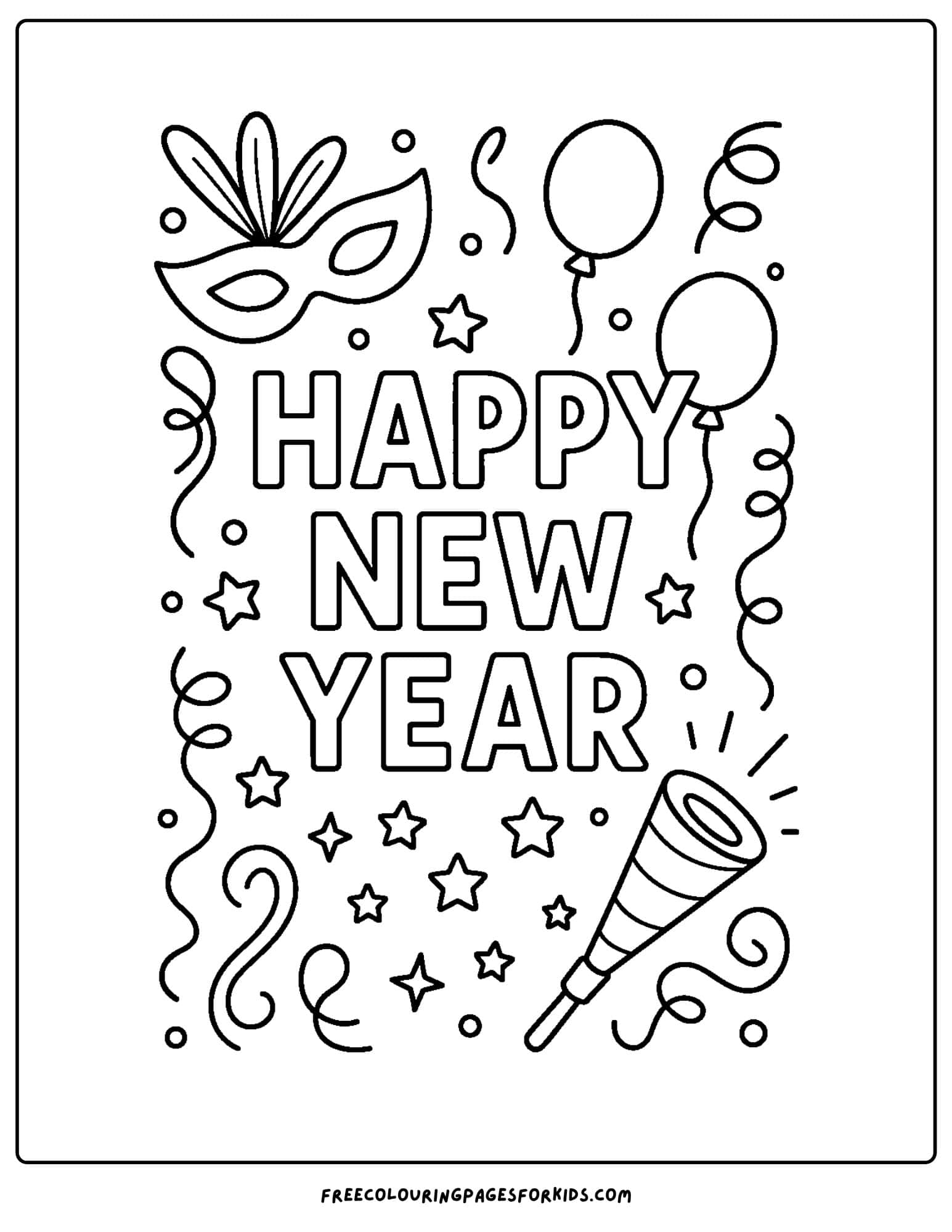 a new year coloring page featuring new year party supplies like masks and horns