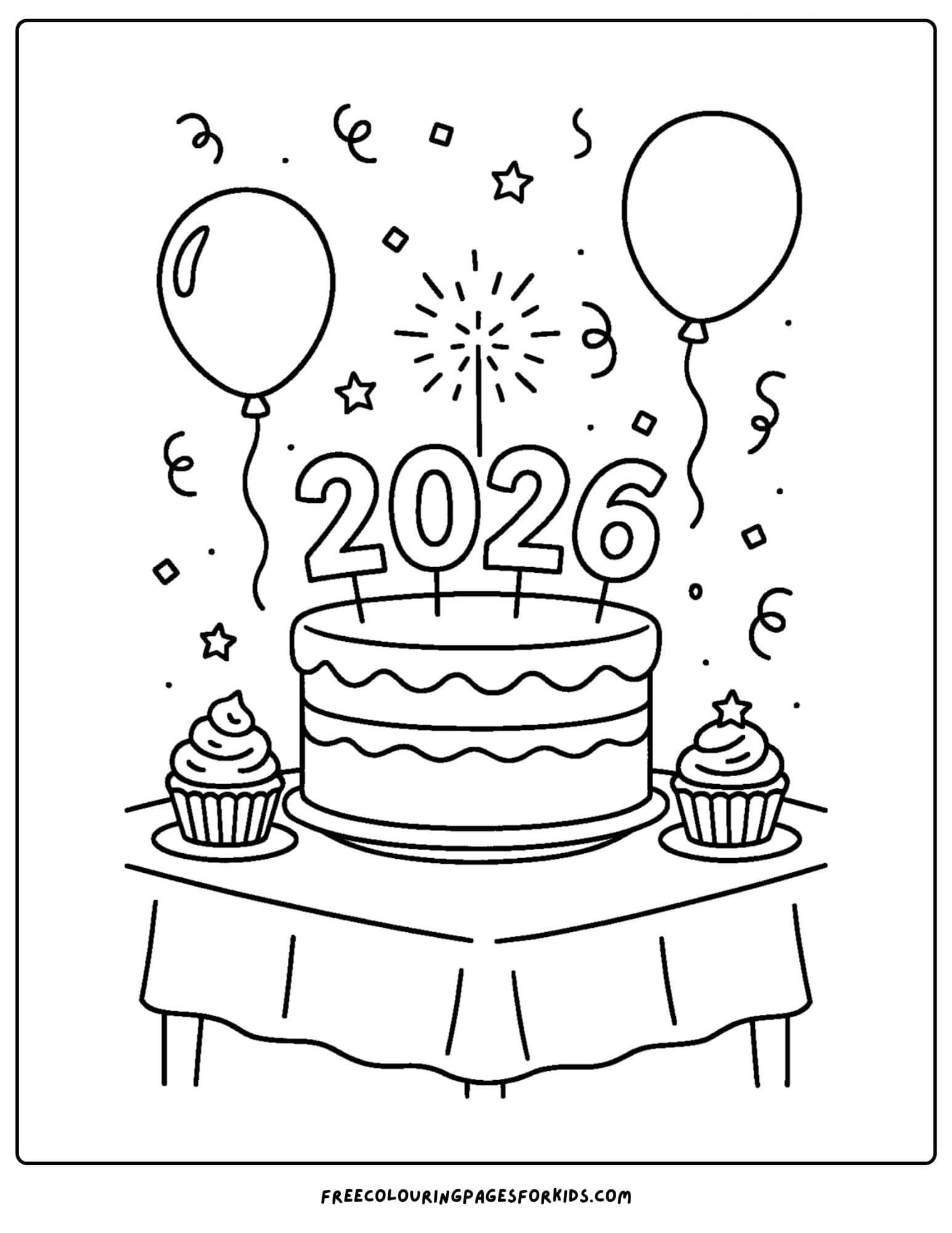 a new year coloring page featuring a cake to celebrate 2026