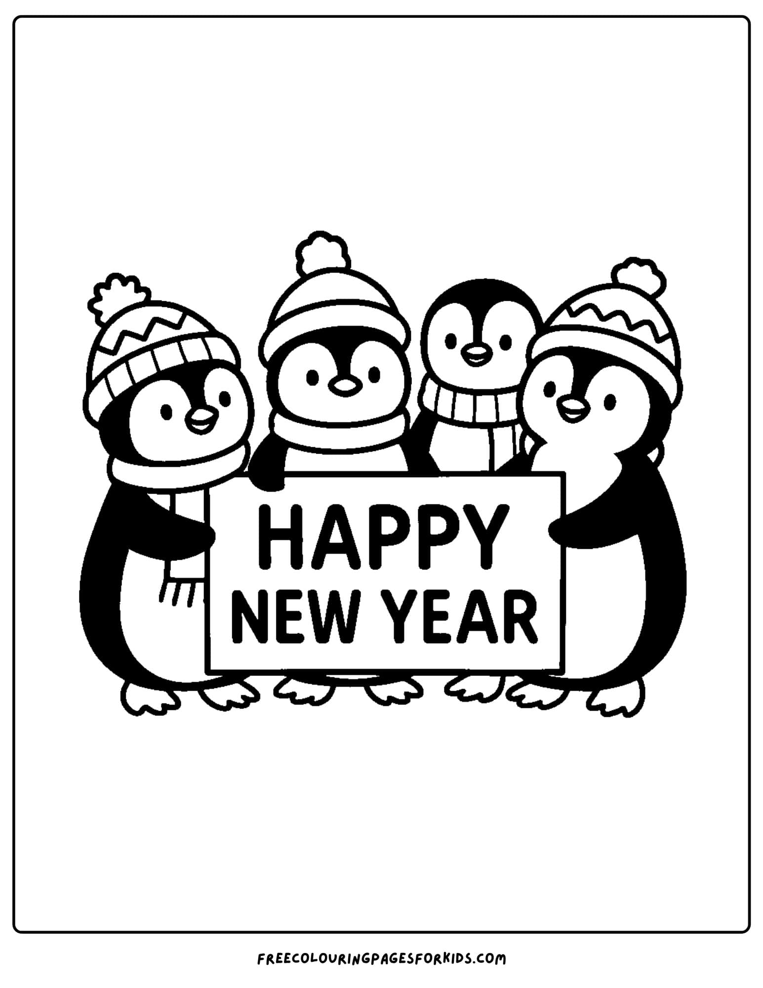 a new year coloring page featuring penguins holding a happy new year sign