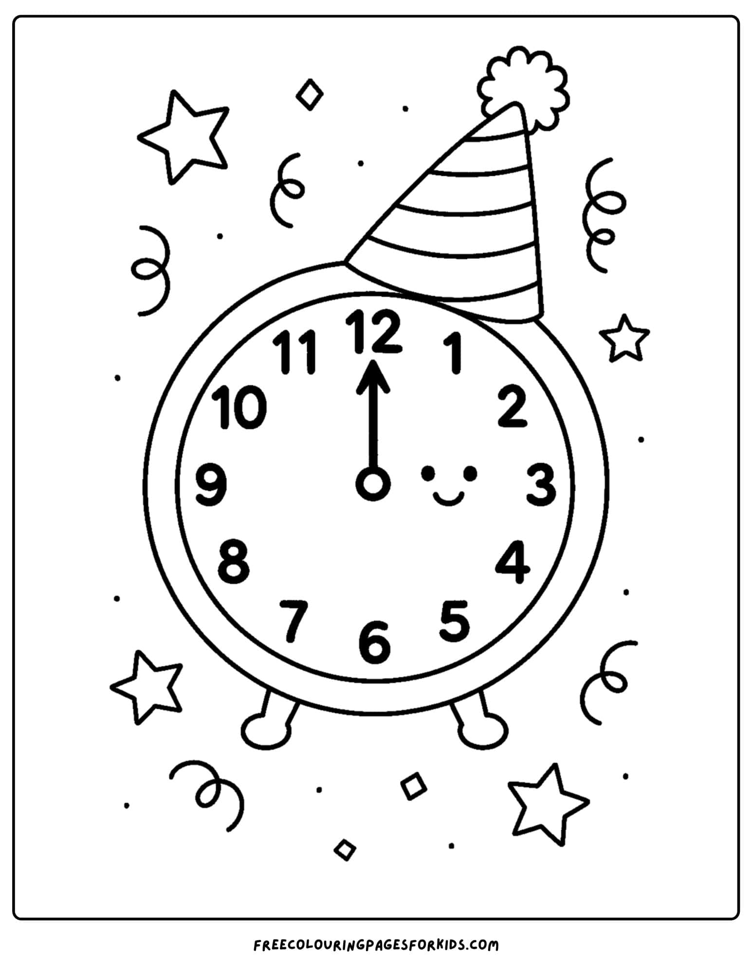 a new year coloring page featuring a clock showing midnight on its face