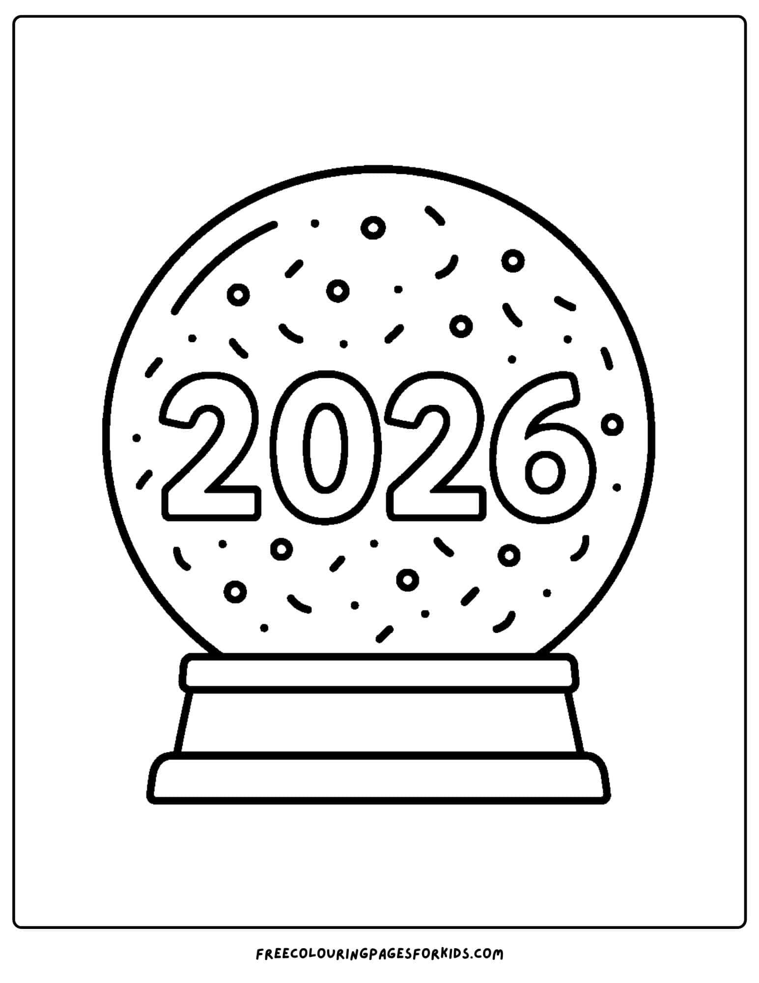a new year coloring page featuring a snow globe for the year 2026