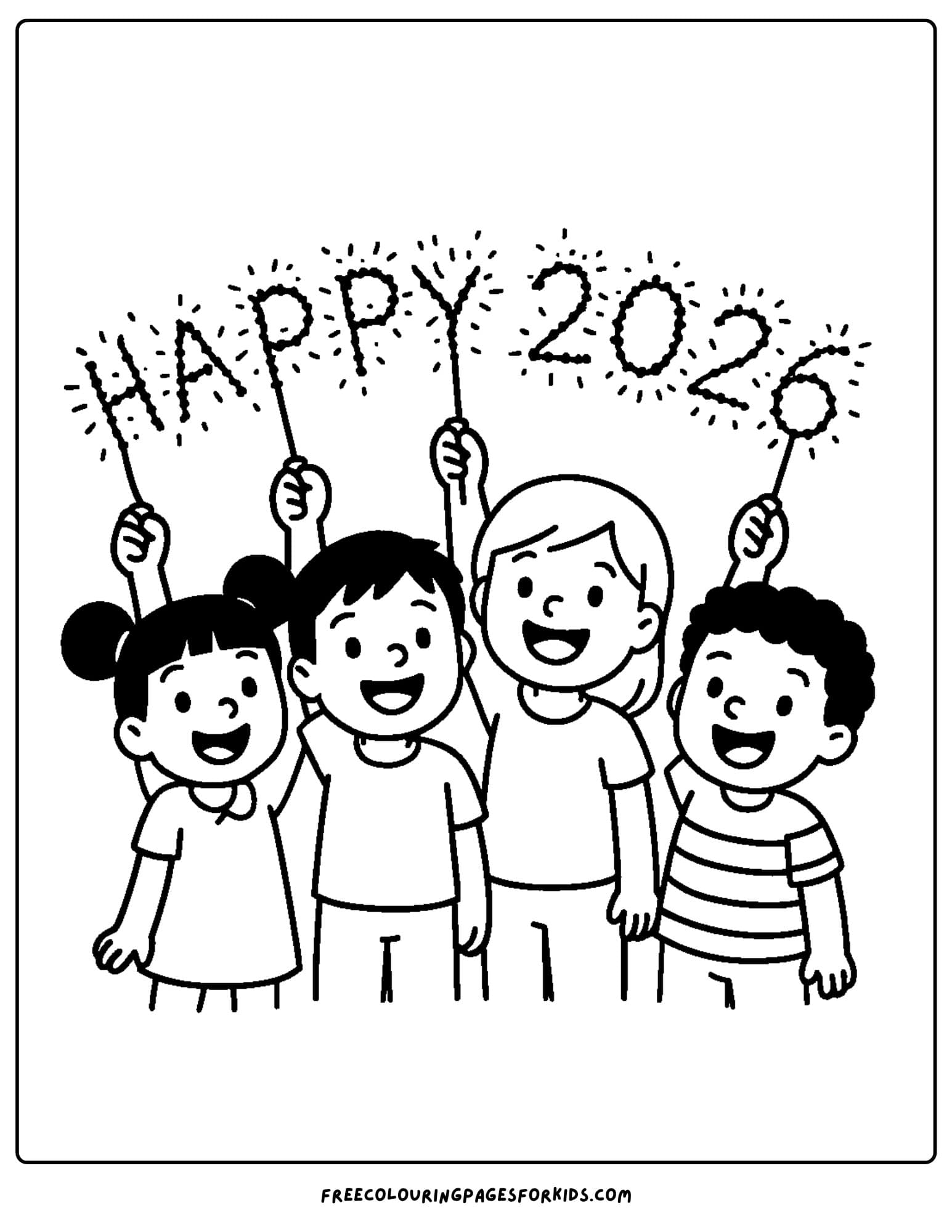 a new year coloring page featuring children with sparklers that spell out happy 2026