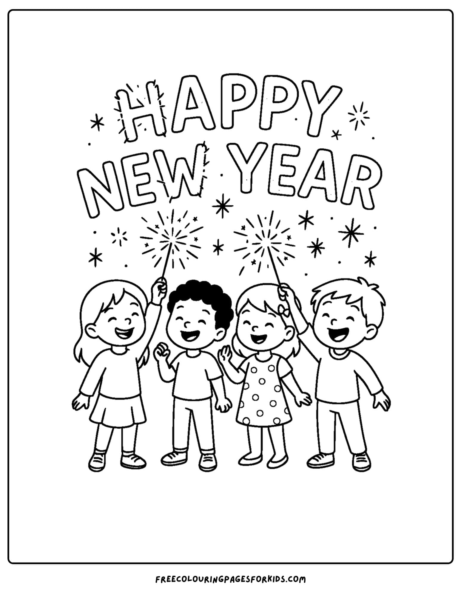 a new year coloring page featuring kids holding sparklers to celebrate the new year