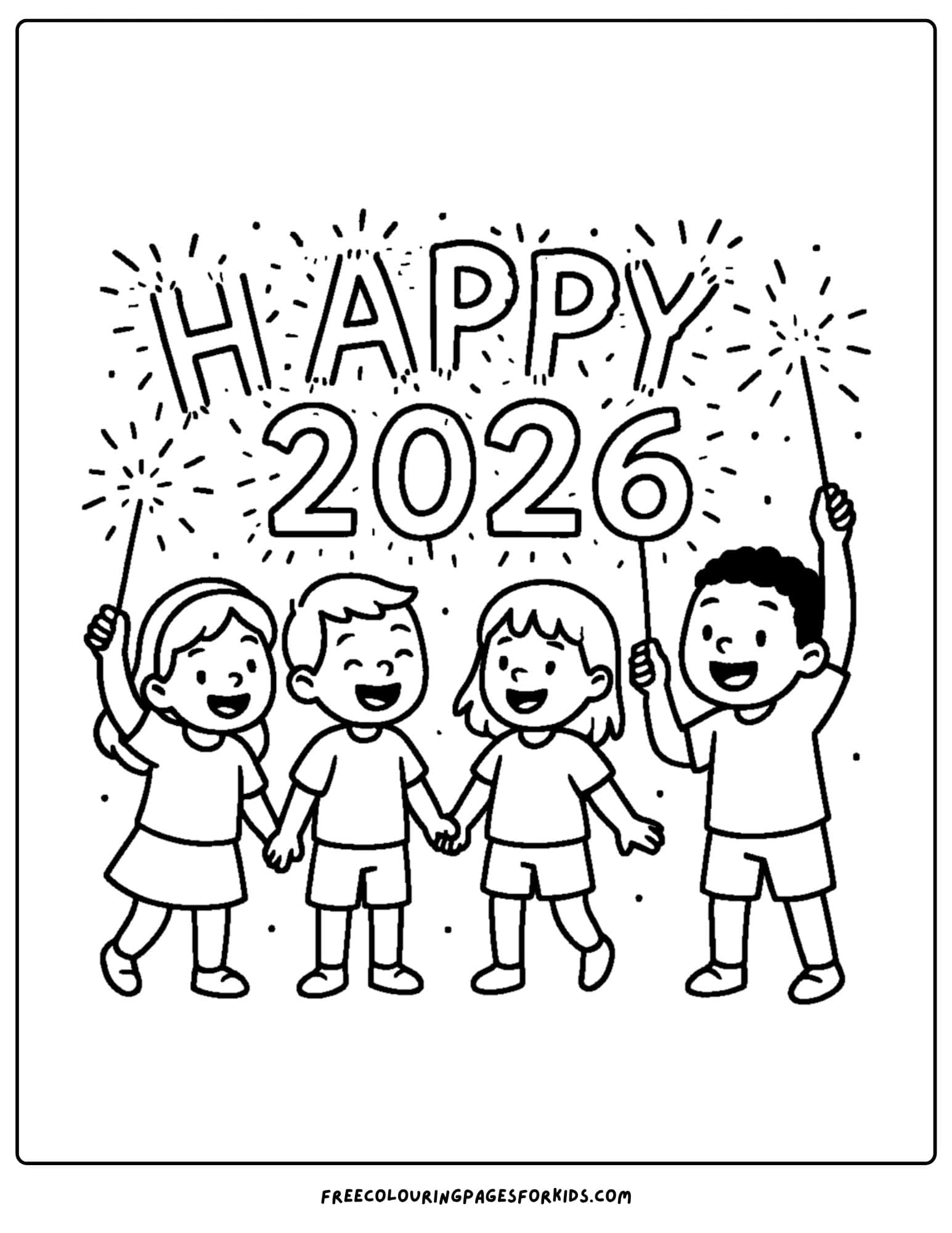 a new year coloring page featuring kids holding sparklers writing happy 2026 in the sky