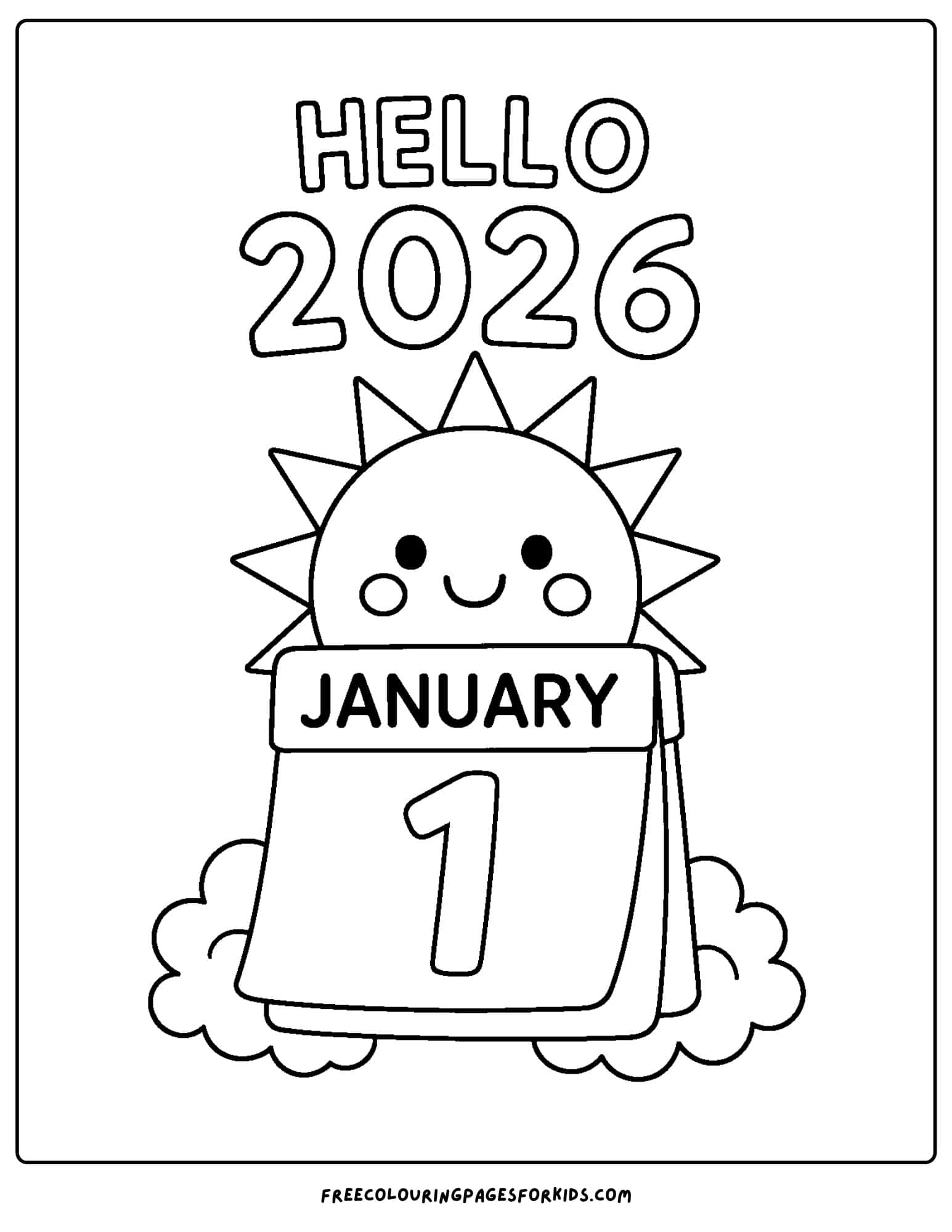 a new year coloring page featuring a sunrise and a calendar showing january 1st
