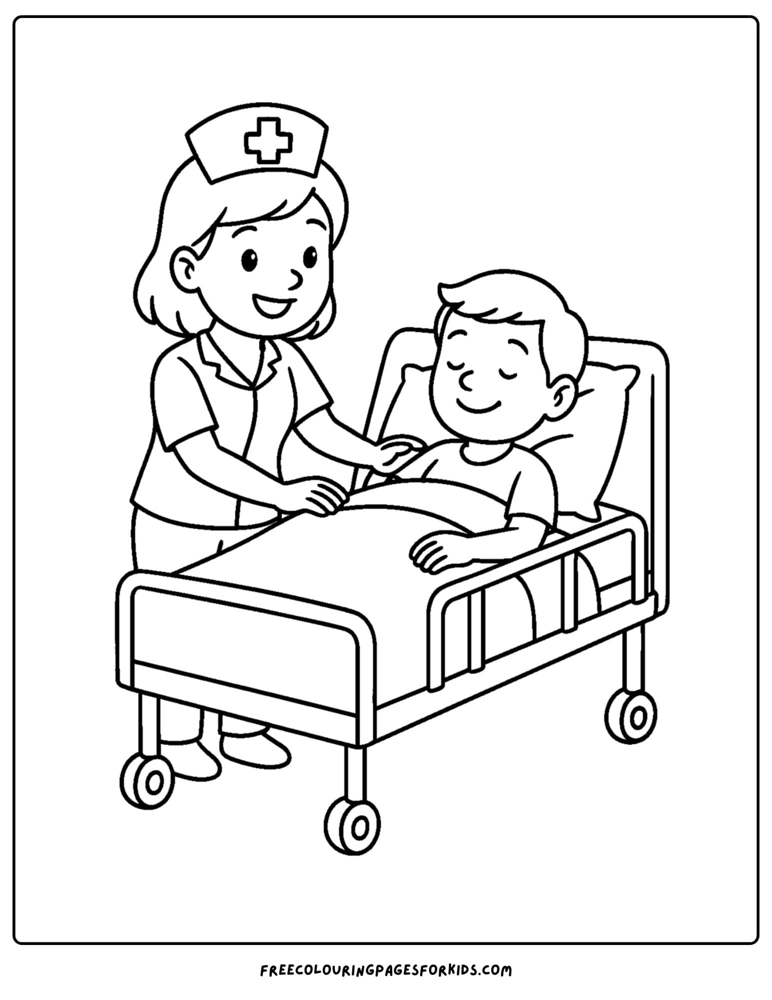 a nurse coloring page featuring a nurse settling a patient in their bed