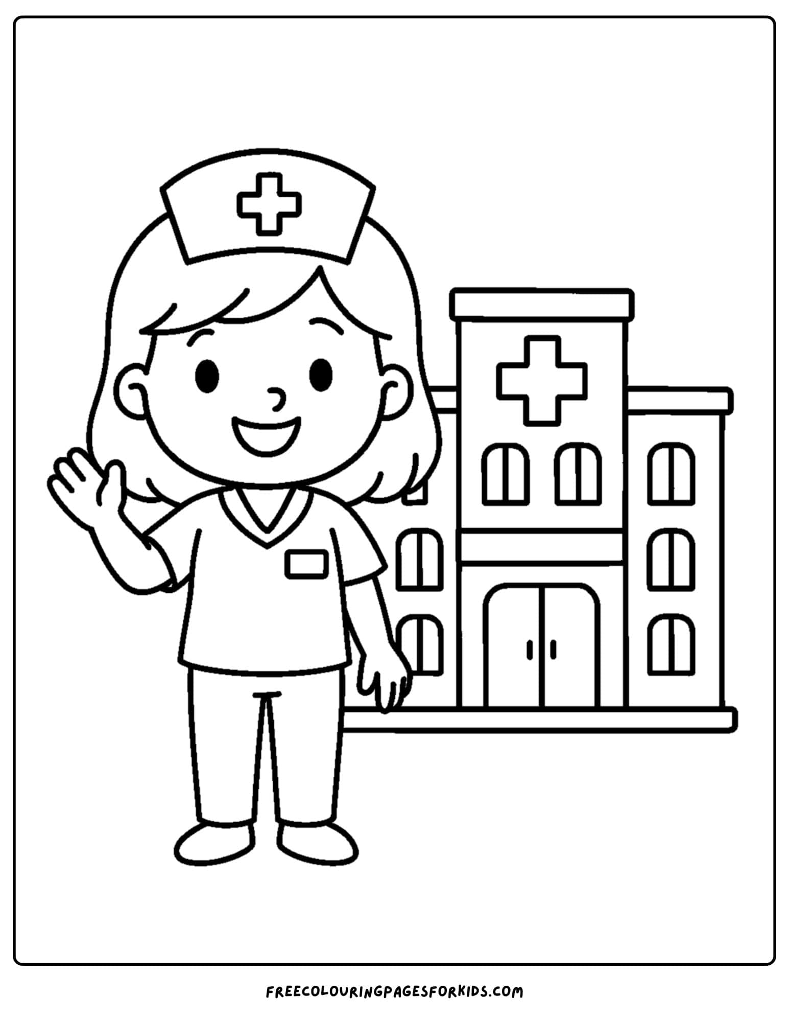 a nurse coloring page featuring a nurse standing outside a hospital waving