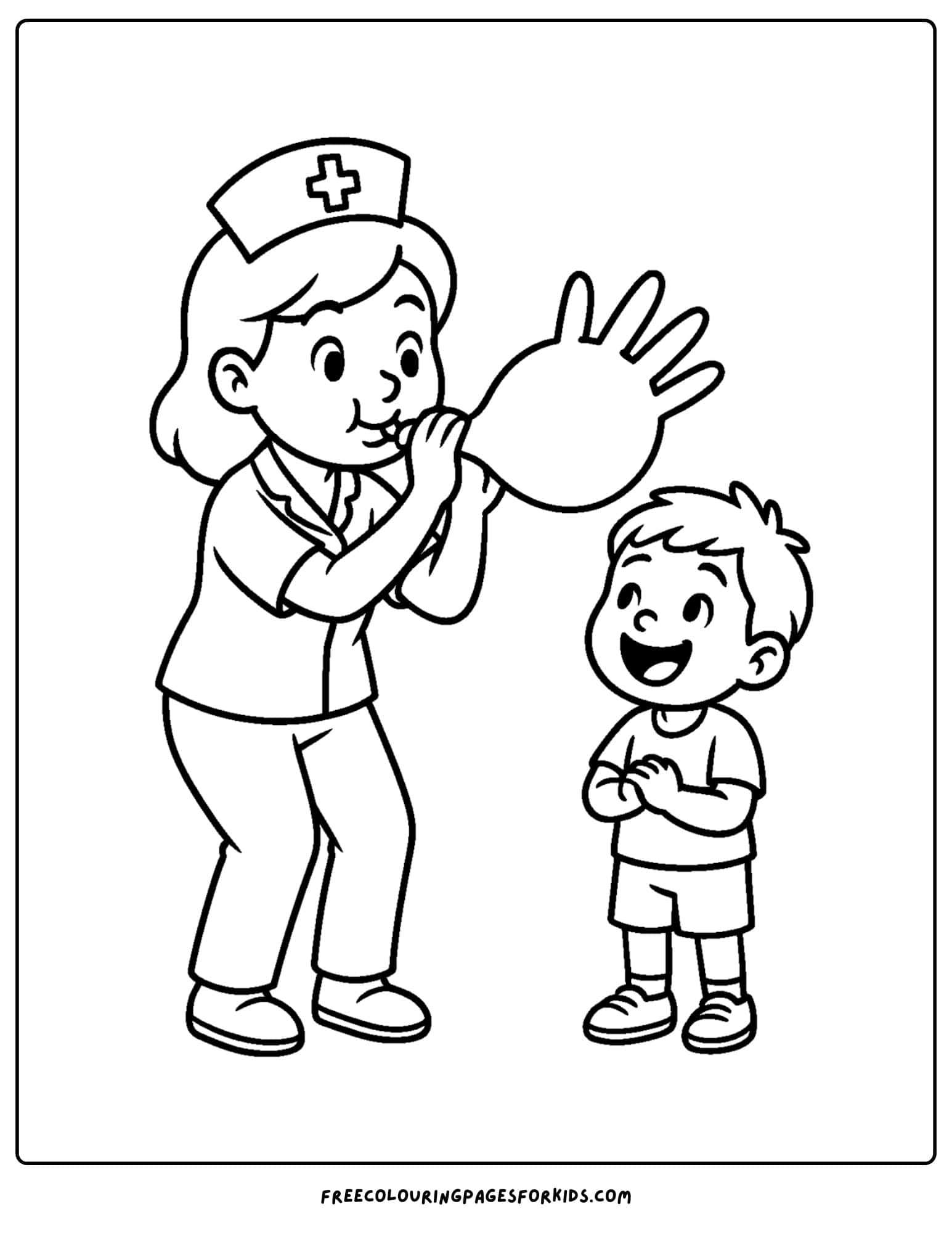 a nurse coloring page featuring a nurse blowing up a rubber glove like a balloon