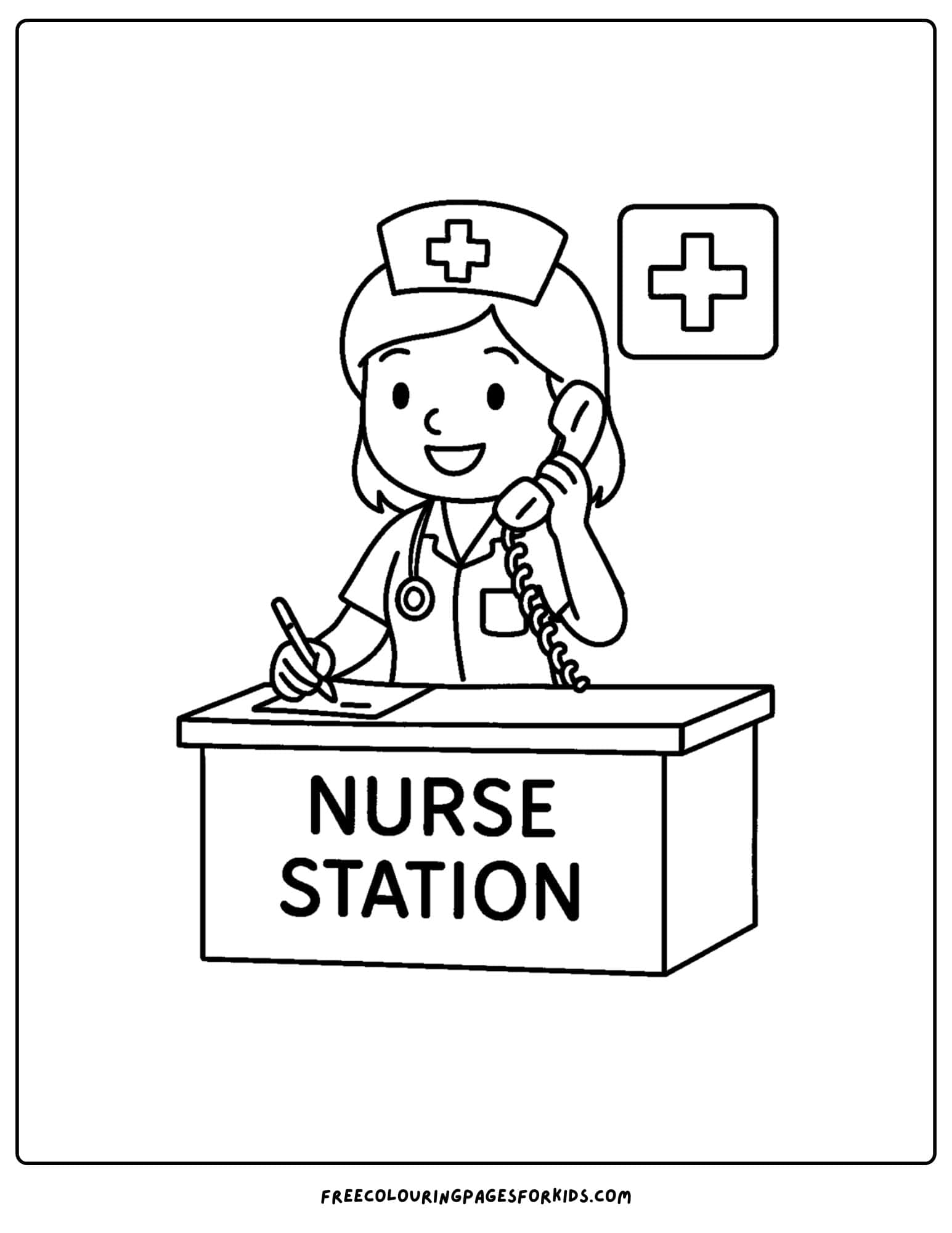 a nurse coloring page featuring a nurse working at the nurses station
