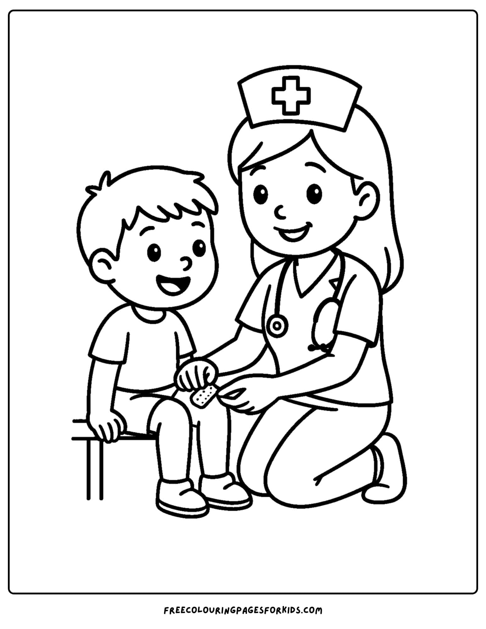 a nurse coloring page featuring a nurse putting a bandage on a child