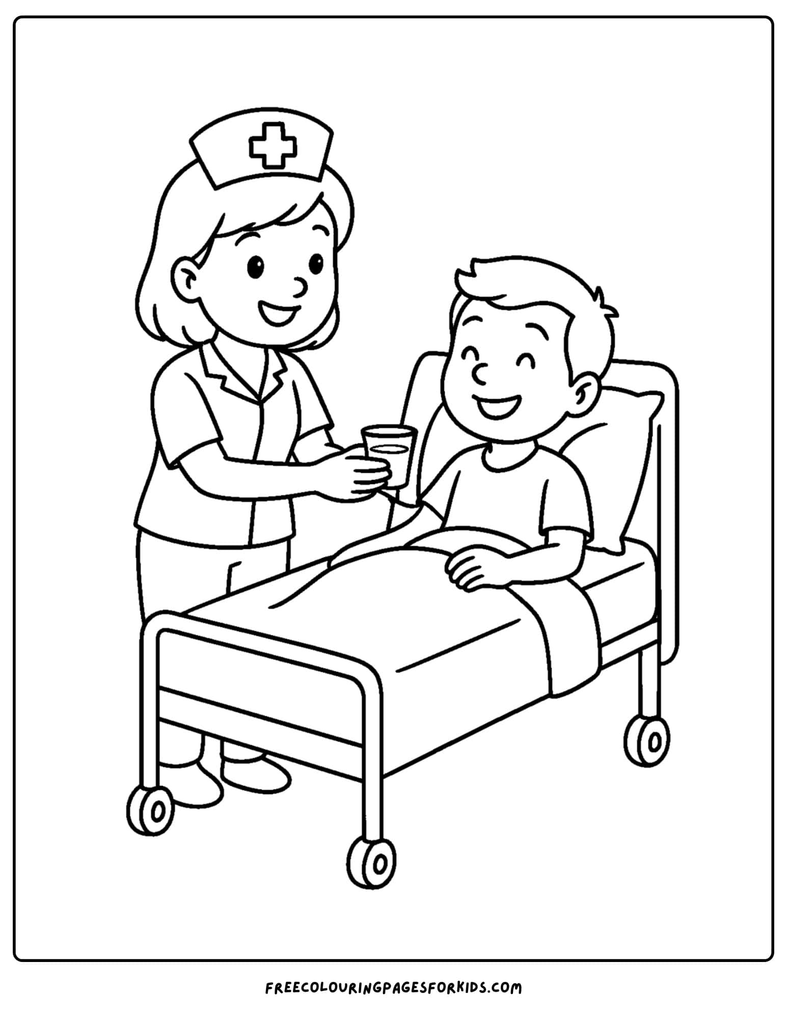 a nurse coloring page featuring a nurse giving a patient a medicine in their hospital bed