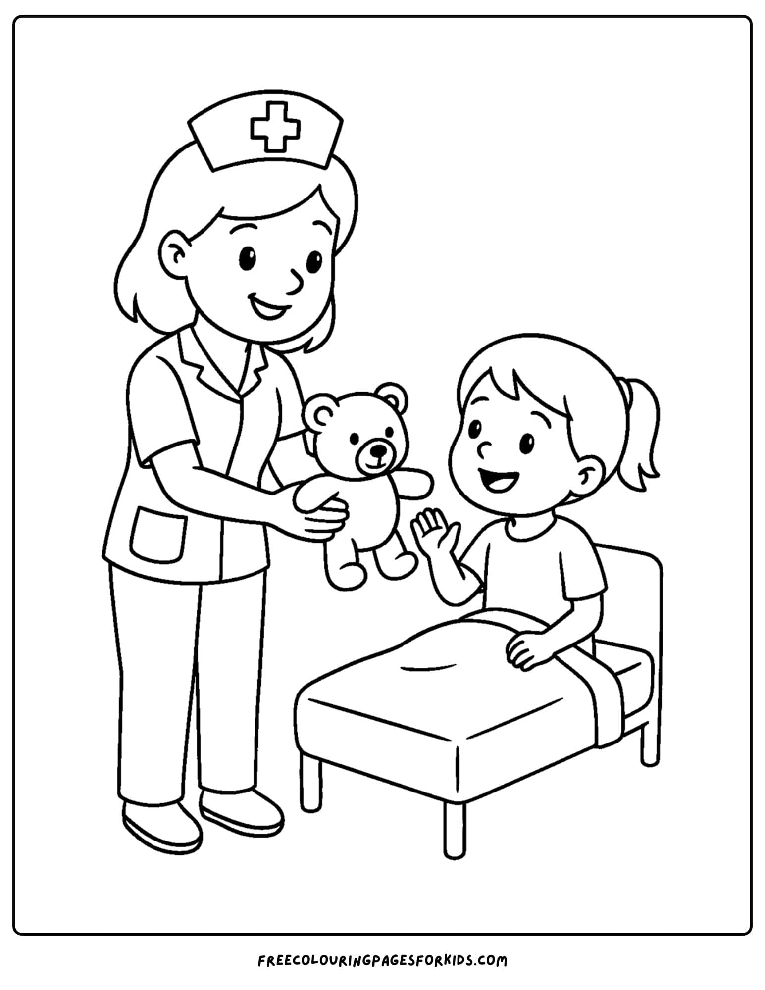 a nurse coloring page featuring a nurse giving a teddy bear to a child in bed