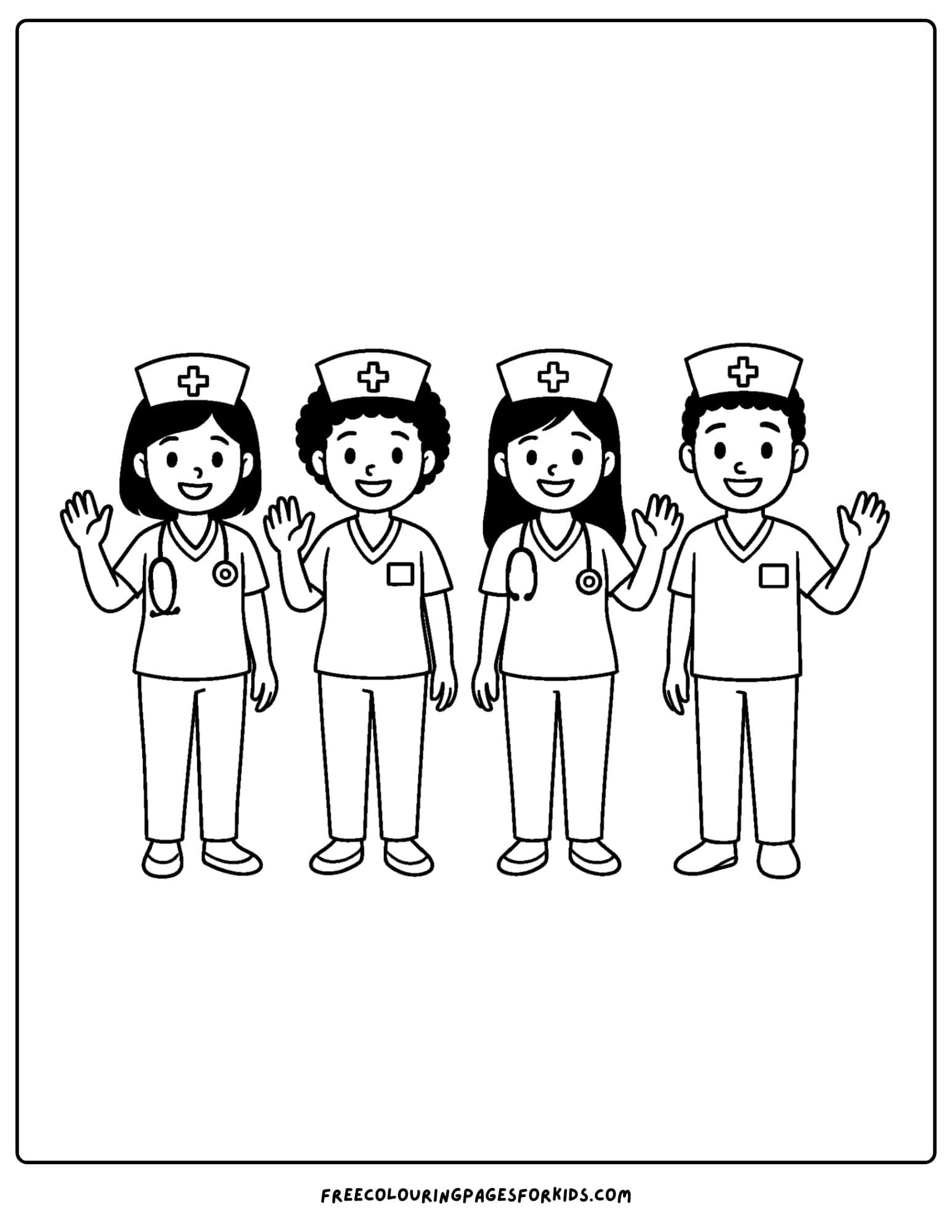 a nurse coloring page featuring a group of nurses smiling and waving