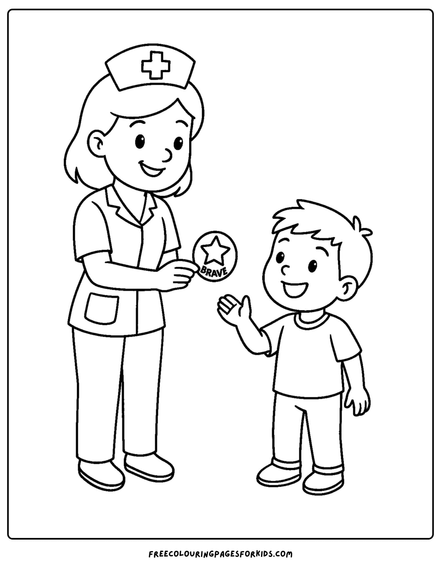 a nurse coloring page featuring a nurse giving a child a brave sticker