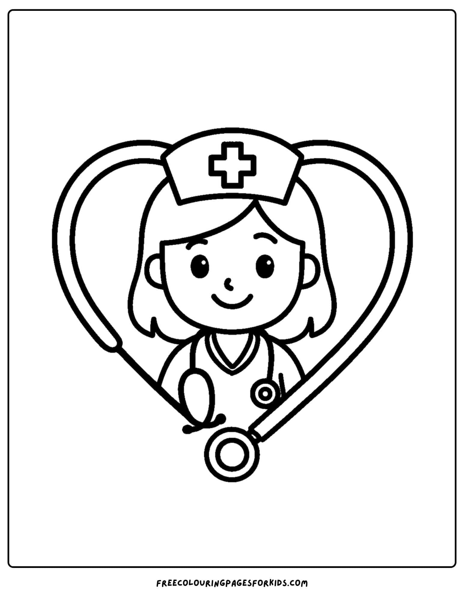 a nurse coloring page featuring a nurse inside a heart shape from a stethoscope
