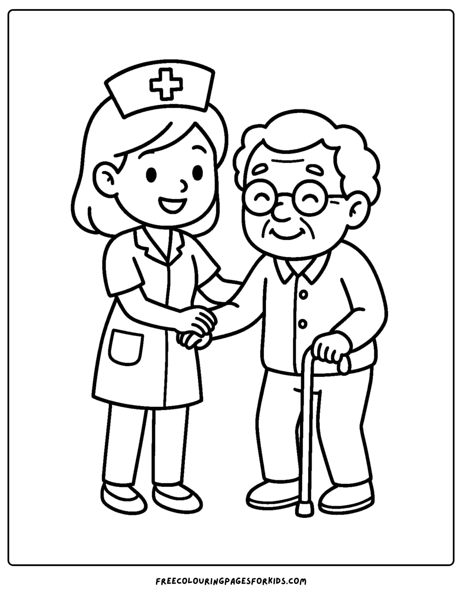 a nurse coloring page featuring a nurse helping an elderly patient