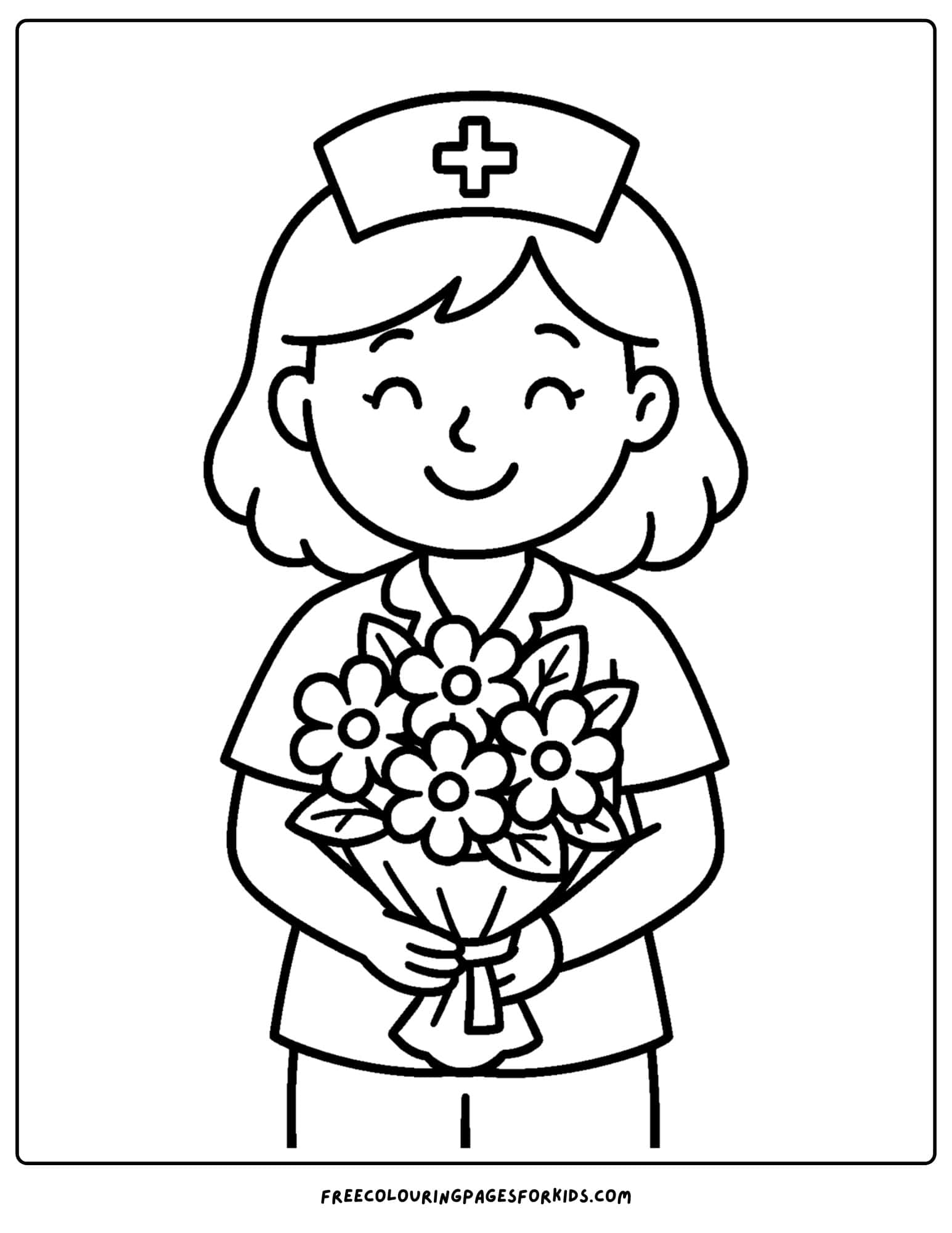 a nurse coloring page featuring a nurse holding a bunch of flowers for a patient