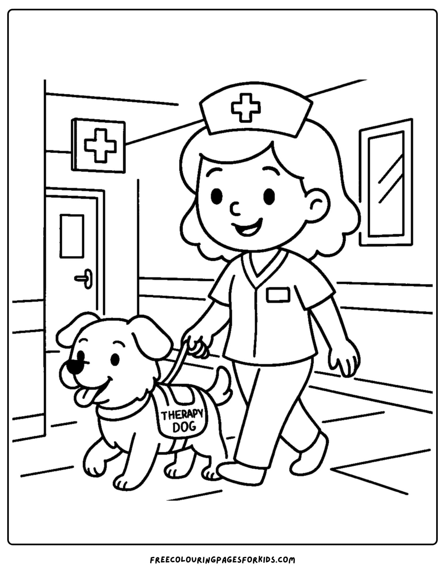 a nurse coloring page featuring a nurse bringing a therapy dog to a patient in the hospital