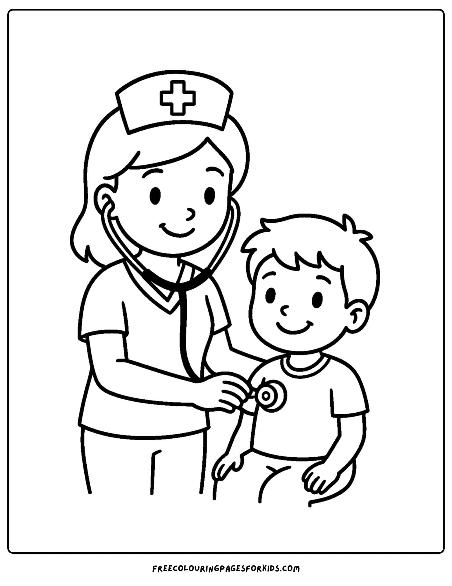 a nurse coloring page featuring a nurse listening to a childs lungs