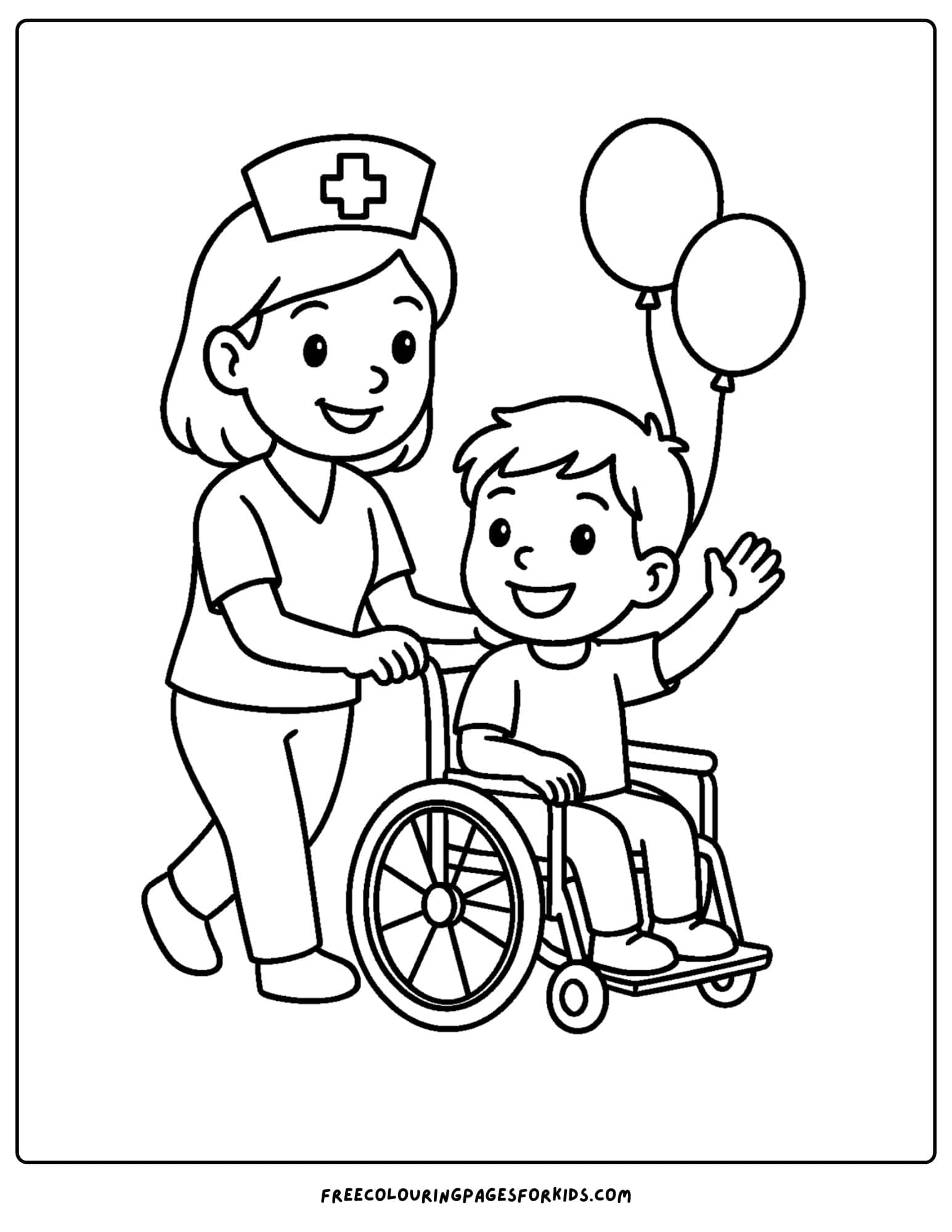 a nurse coloring page featuring a nurse pushing a child in a wheelchair