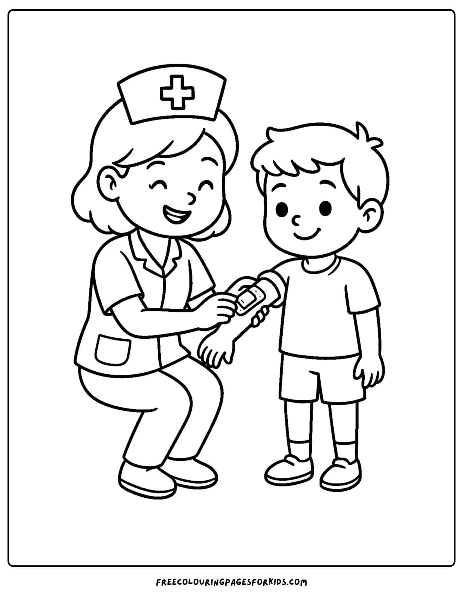 a nurse coloring page featuring a nurse putting a band aid on a childs arm