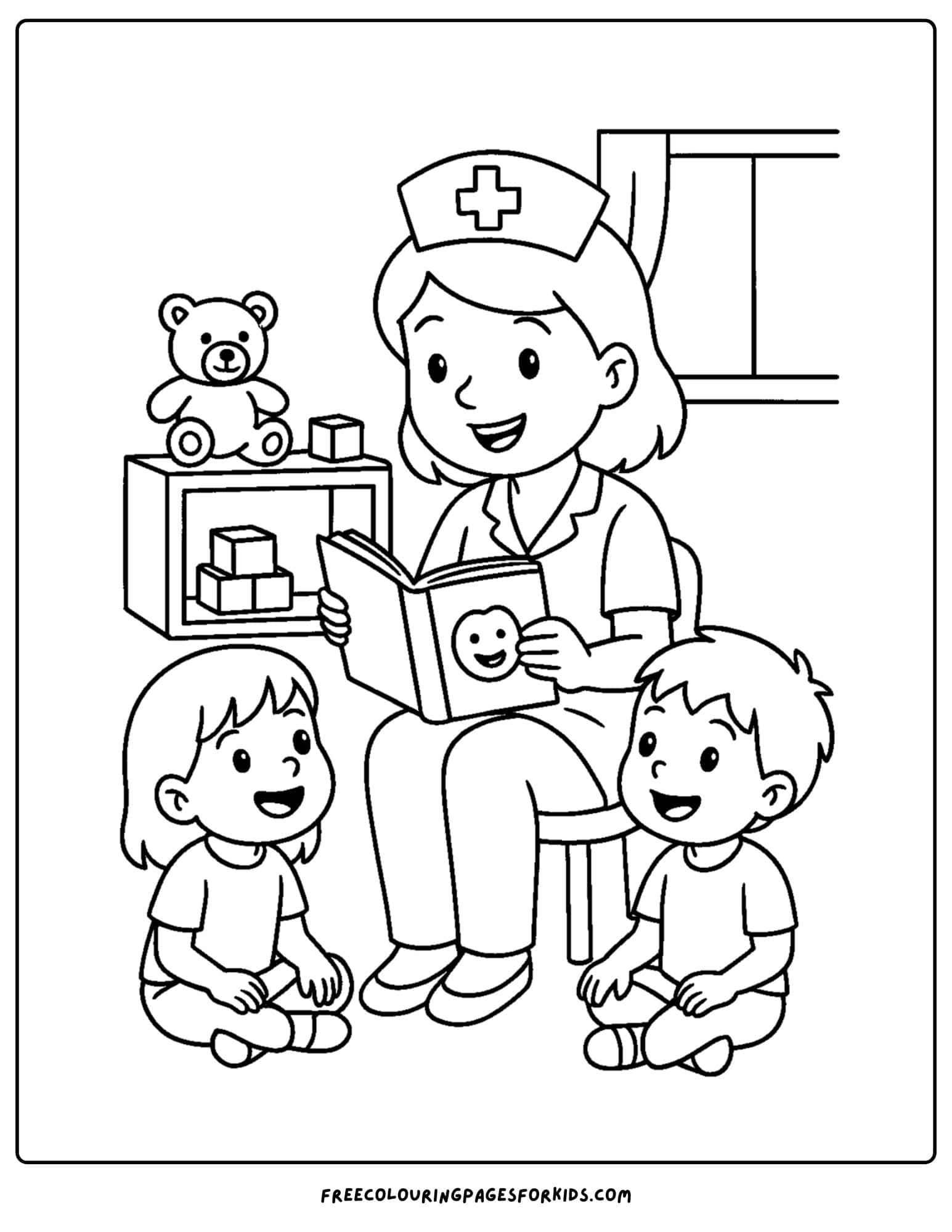 a nurse coloring page featuring a nurse reading a story to some children