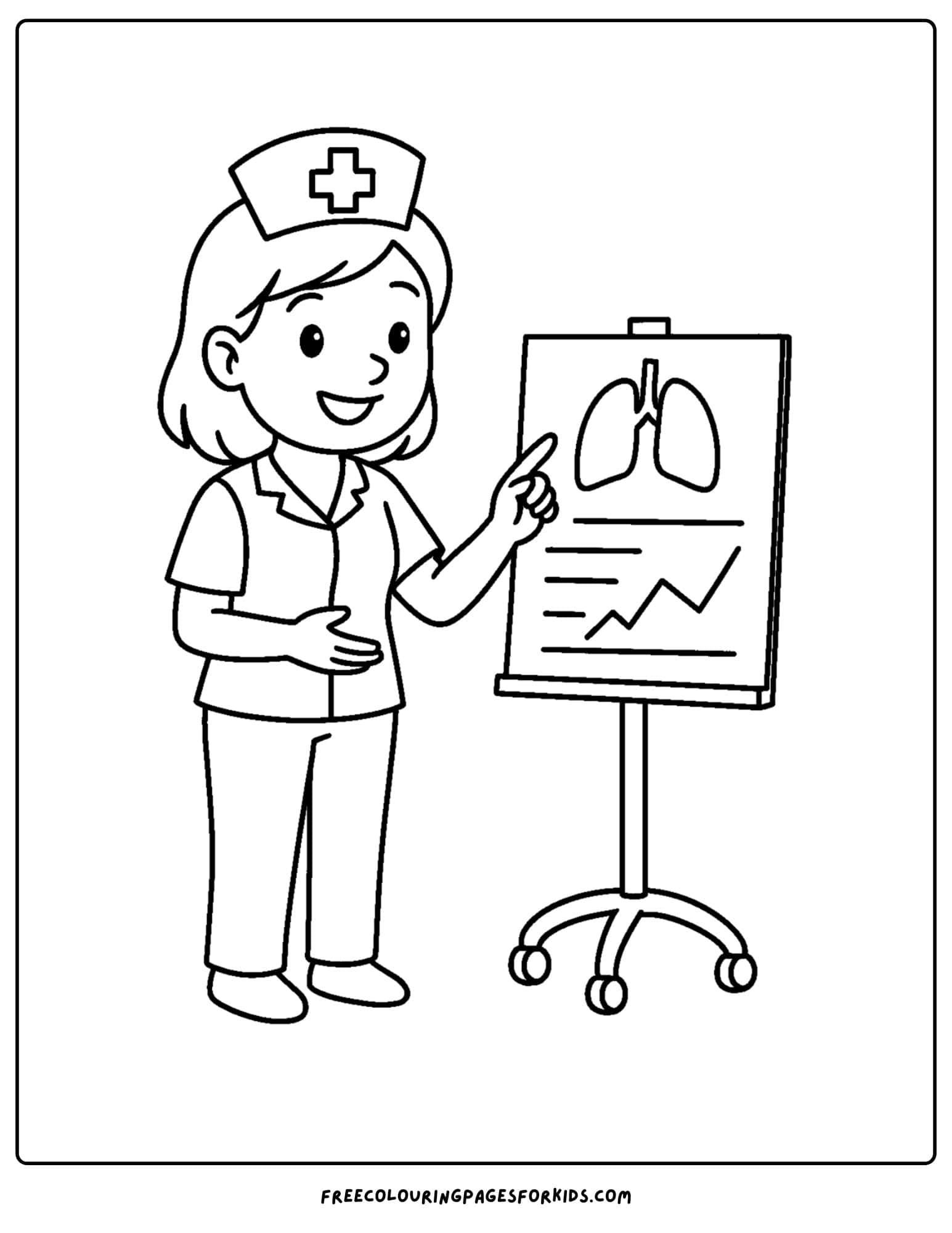 a nurse coloring page featuring a nurse pointing at a chart