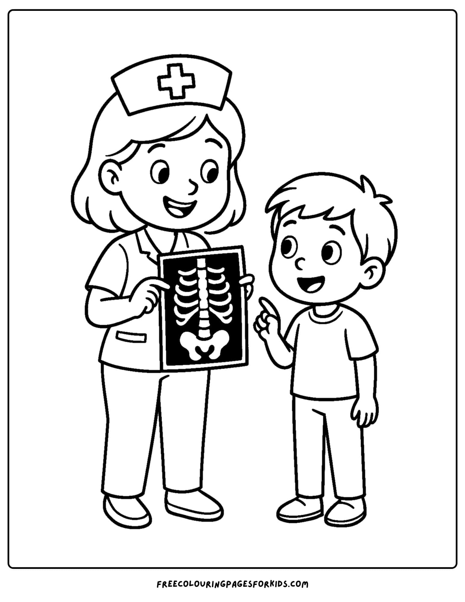 a nurse coloring page featuring a nurse showing an x-ray to a child