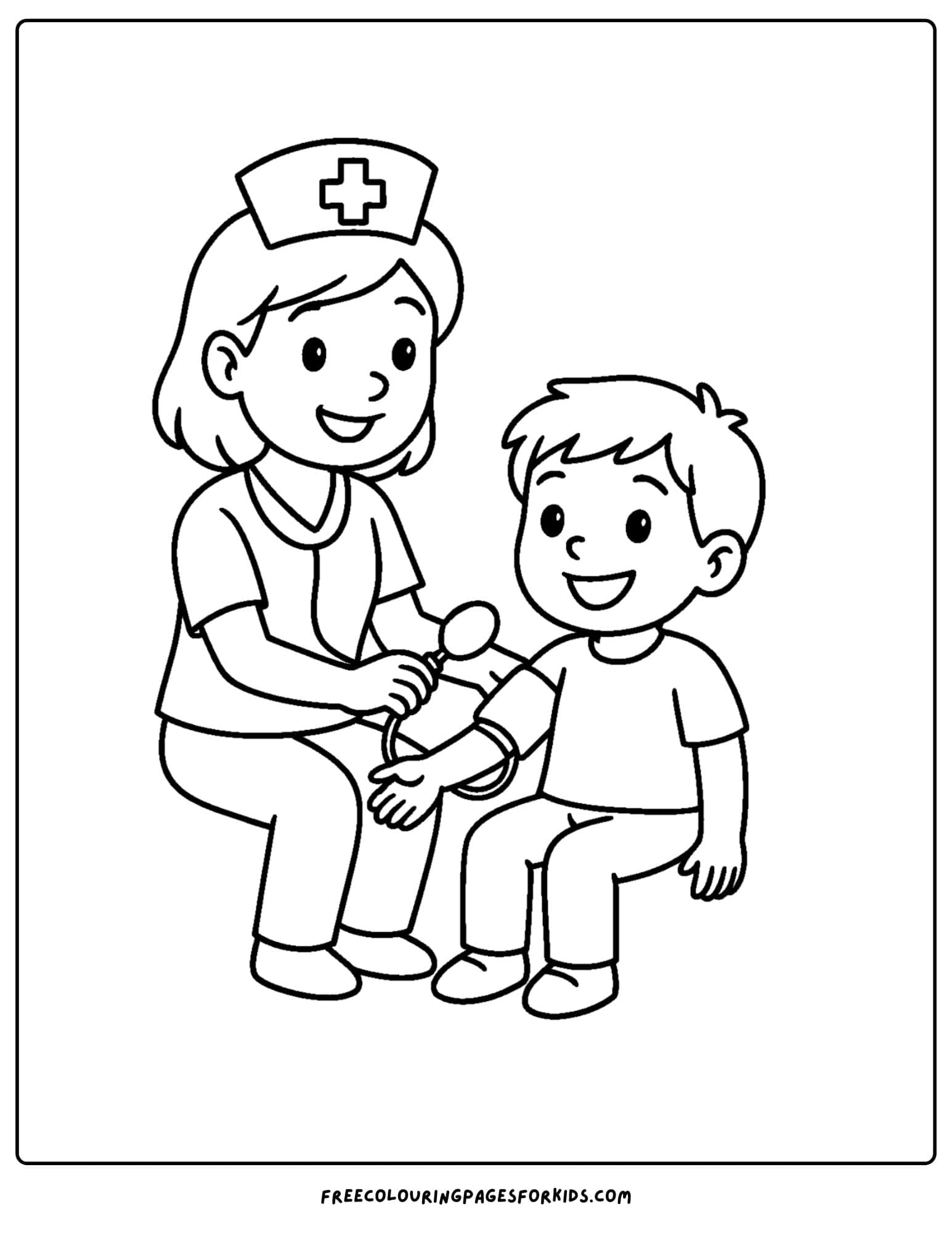 a nurse coloring page featuring a nurse taking a childs blood pressure