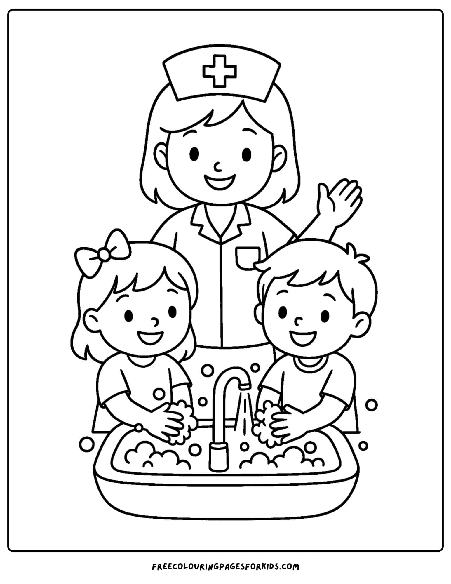 a nurse coloring page featuring a nurse teaching kids how to wash their hands