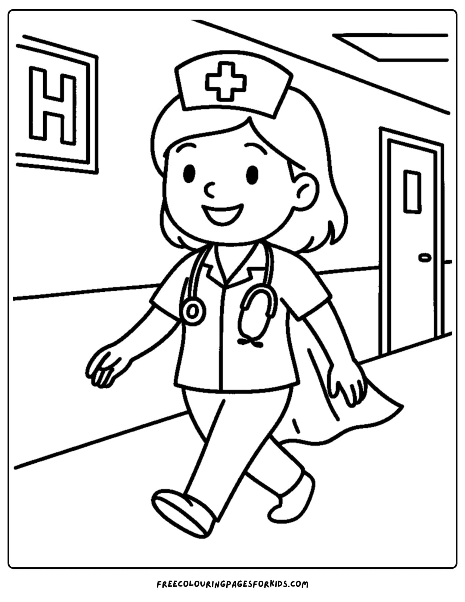 a nurse coloring page featuring a nurse walking a hospital hallway