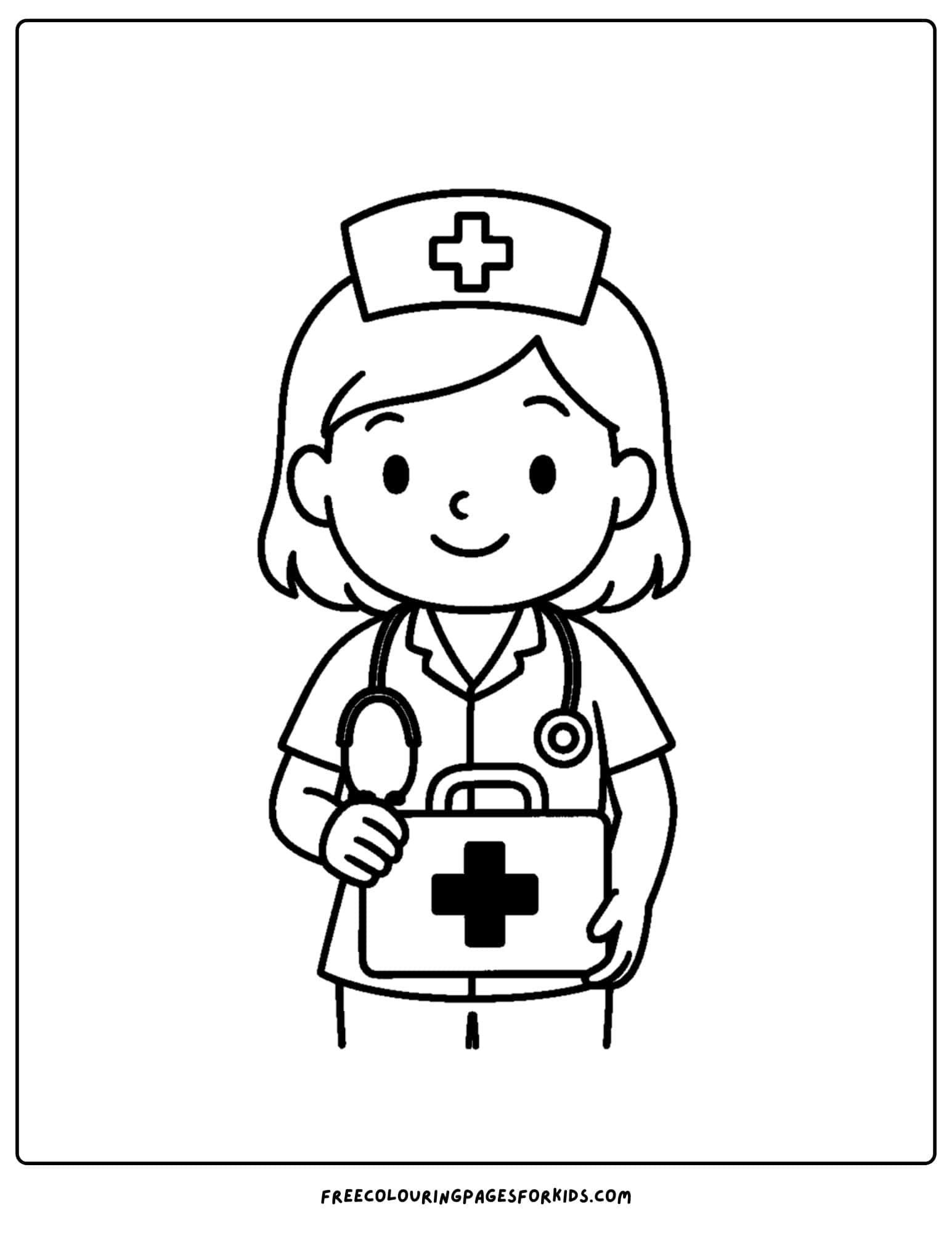 a nurse coloring page featuring a nurse holding a furst aid kit