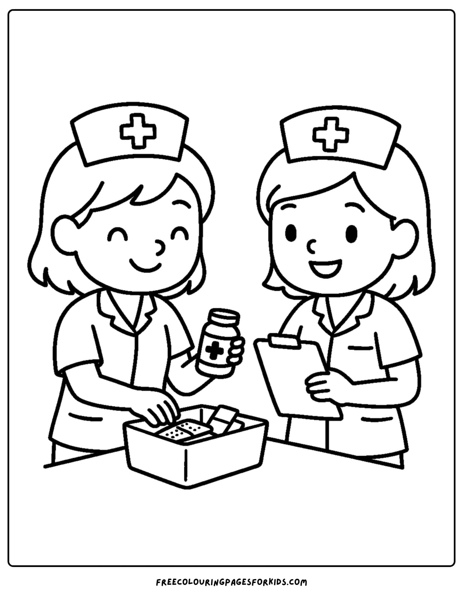 a nurse coloring page featuring a nurse and another nurse working together getting medicine