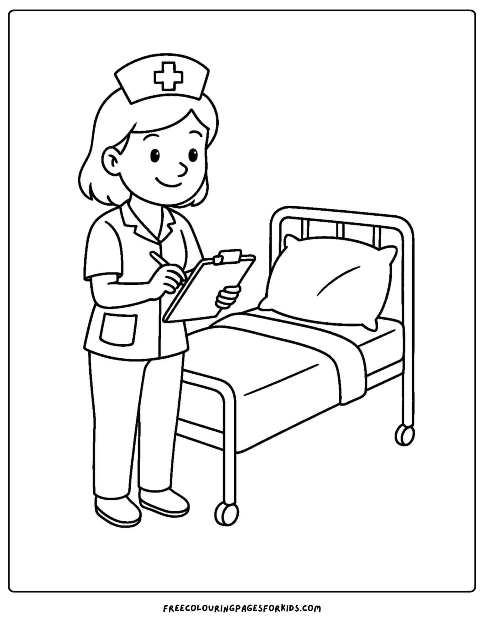 a nurse coloring page featuring a nurse holding a clipboard beside a hospital bed