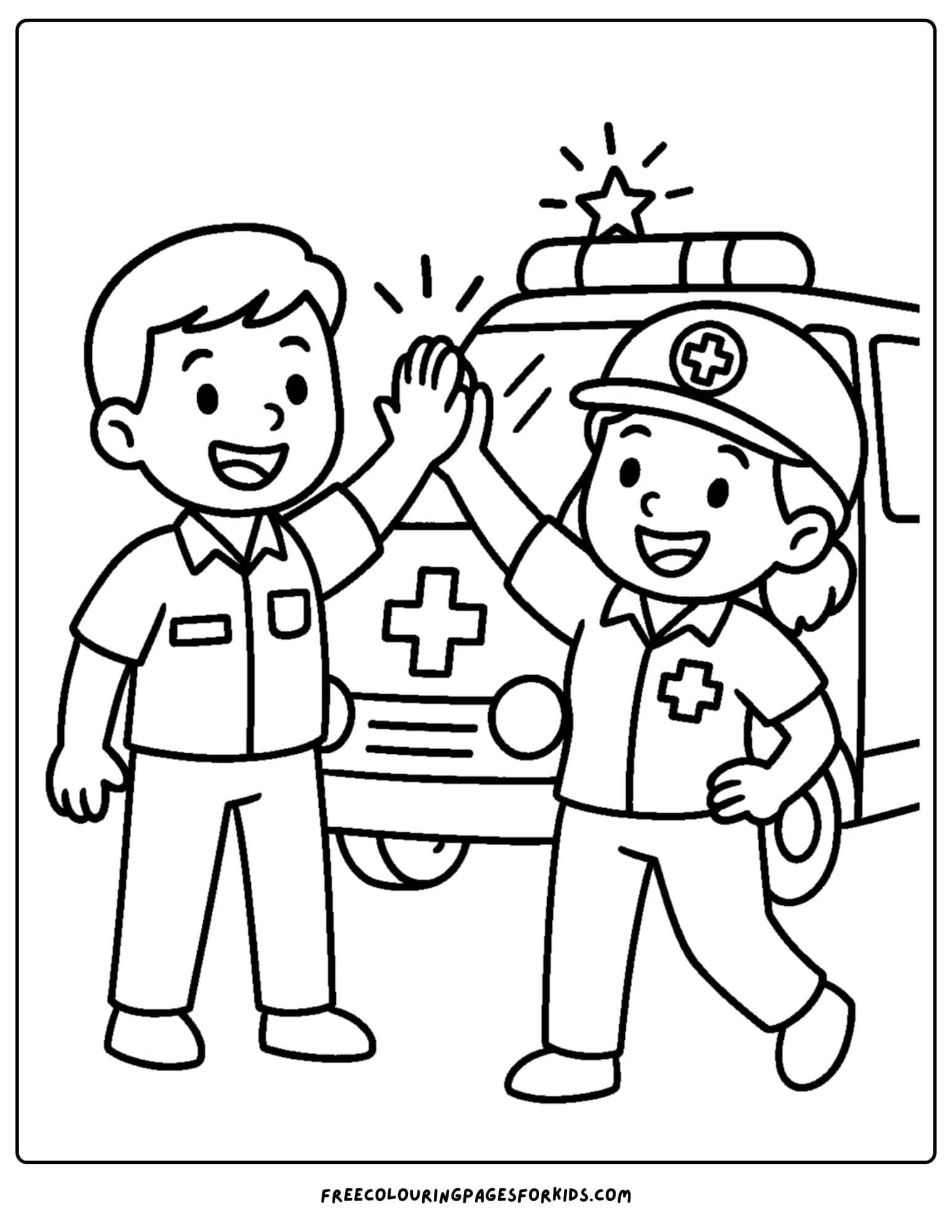 a paramedic emt coloring page featuring two paramedics giving each other a high five