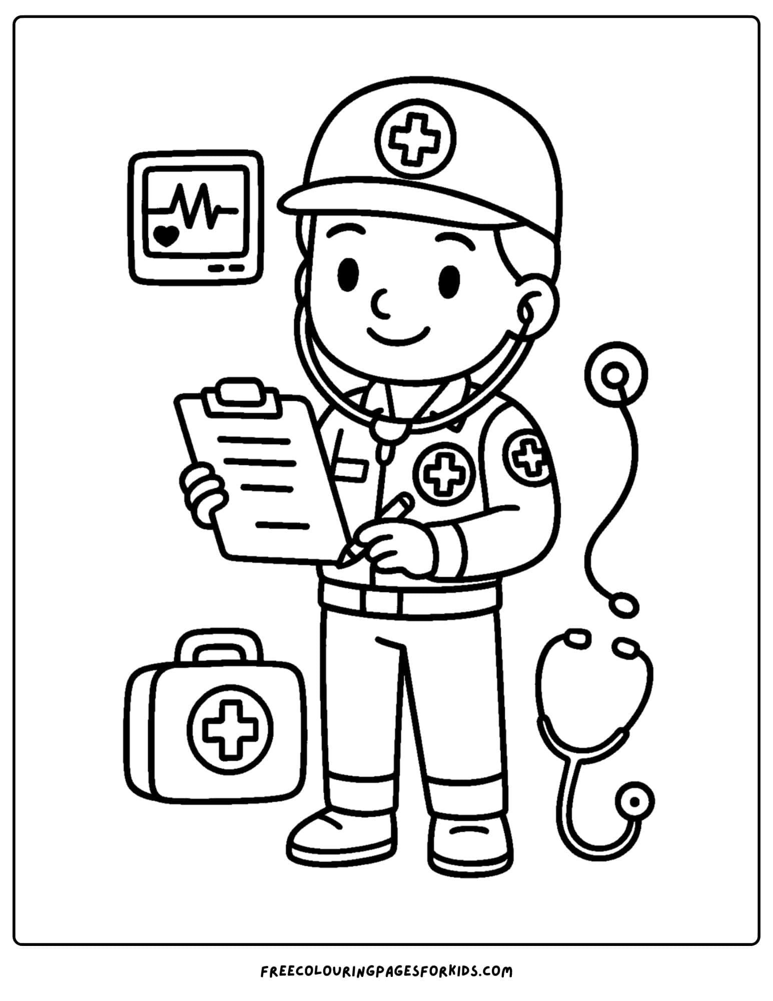 a paramedic emt coloring page featuring an emt surrounded by medical gear