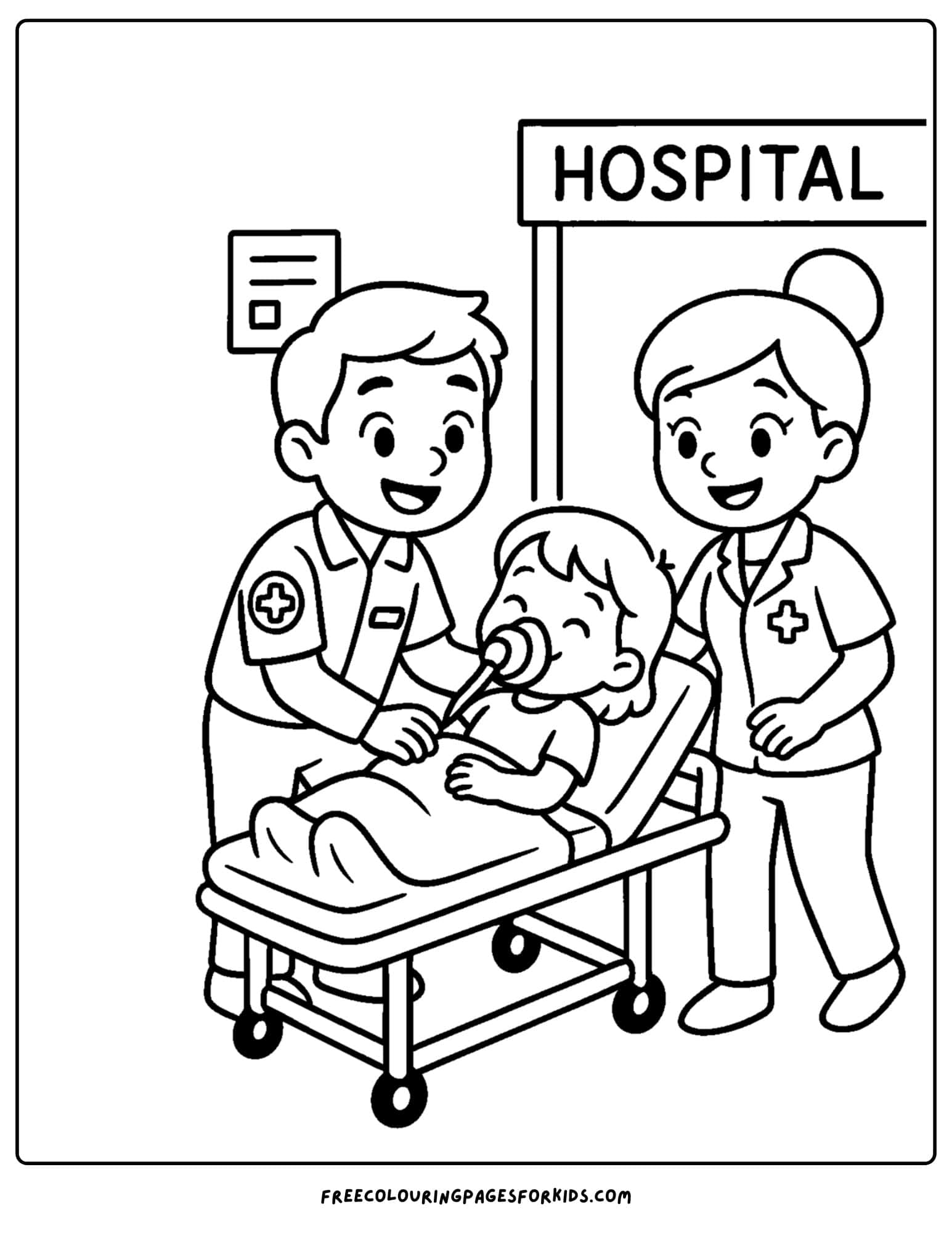 a paramedic emt coloring page featuring paramedics handing over a patient at the hospital