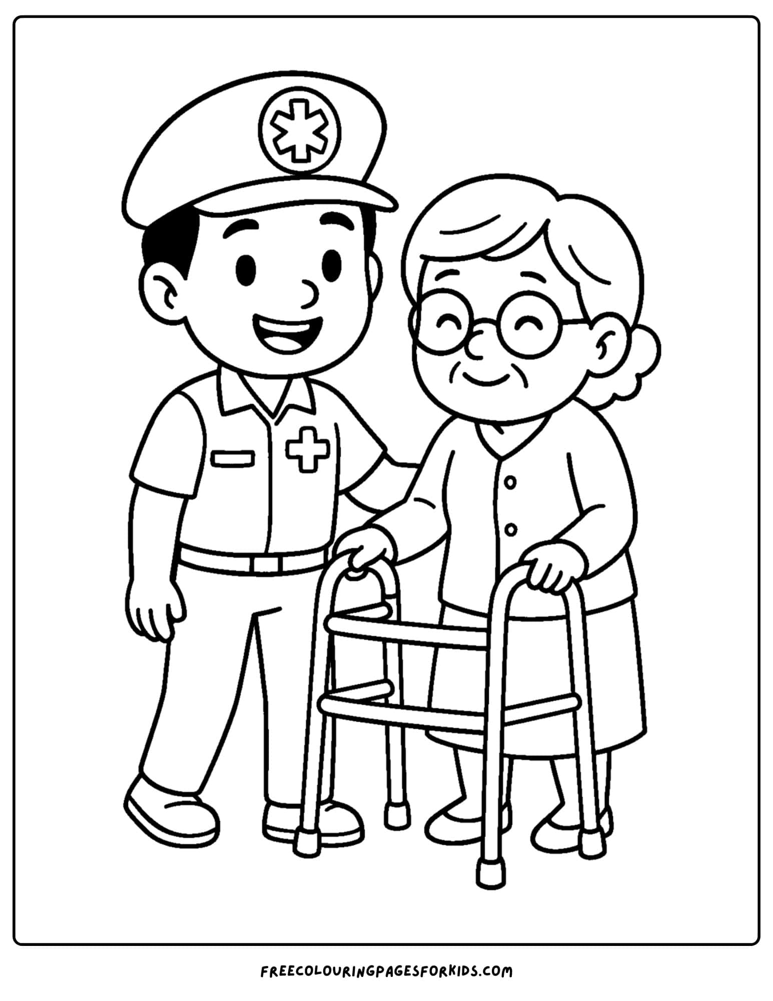 a paramedic emt coloring page featuring an emt helping an elderly lady walk