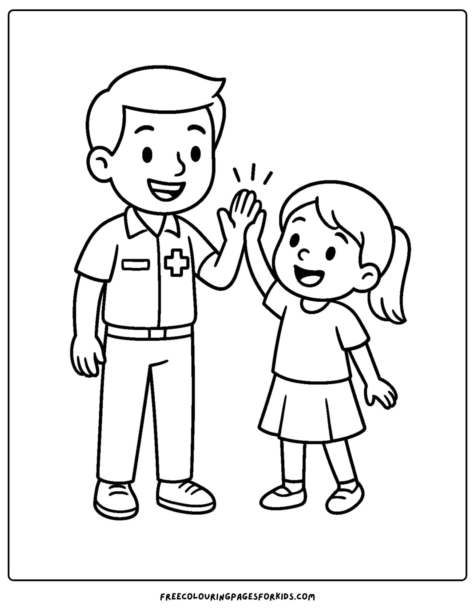 a paramedic emt coloring page featuring a child giving an emt a high five