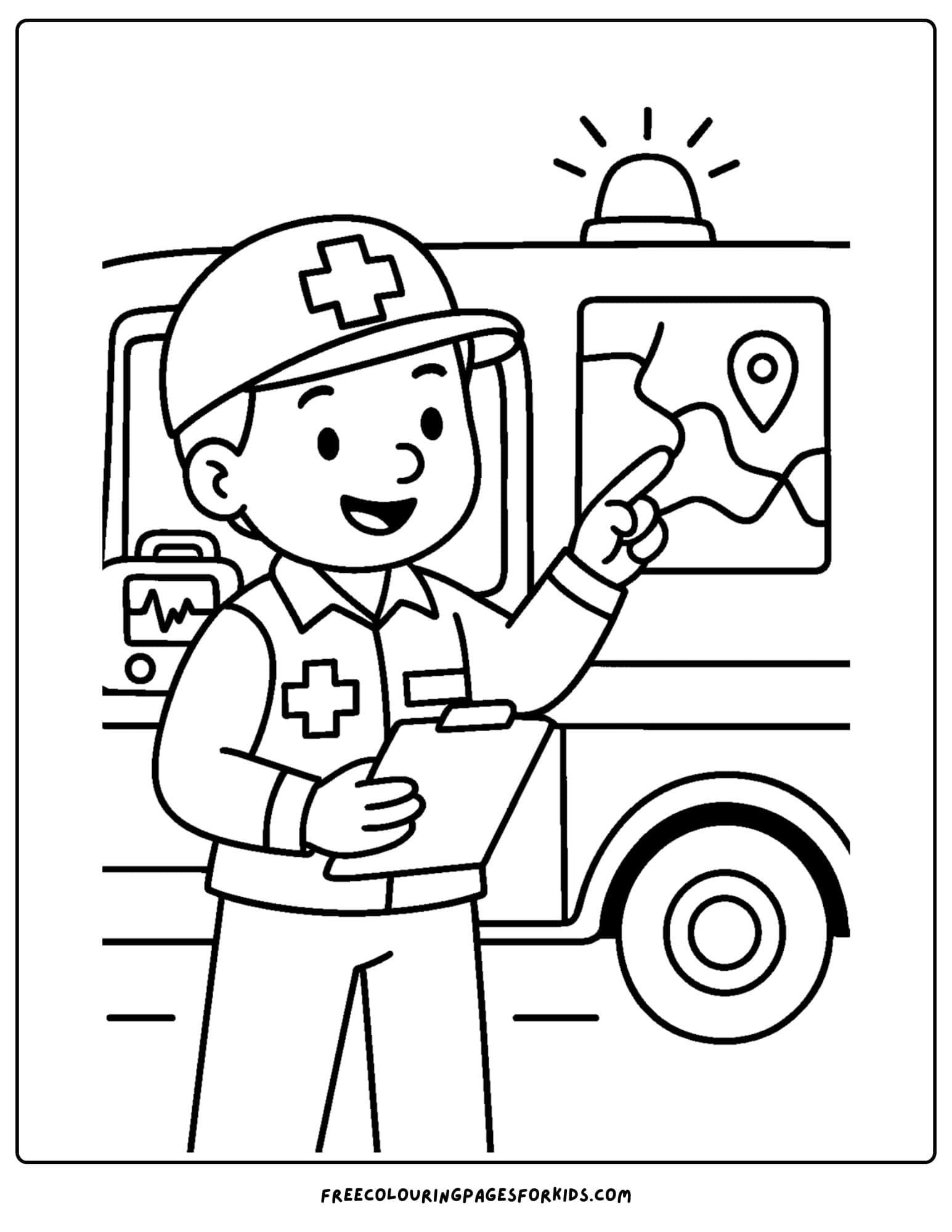 a paramedic emt coloring page featuring an emt pointing at a map on an ambulance