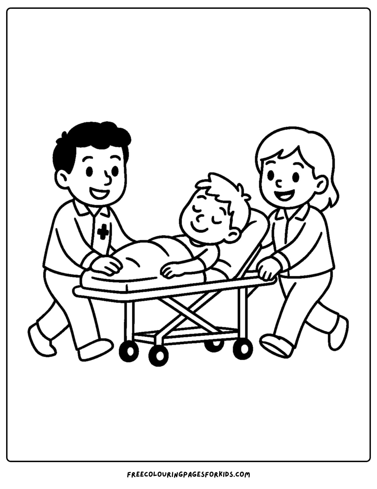 a paramedic emt coloring page featuring emt's pushing a patient on a stretcher