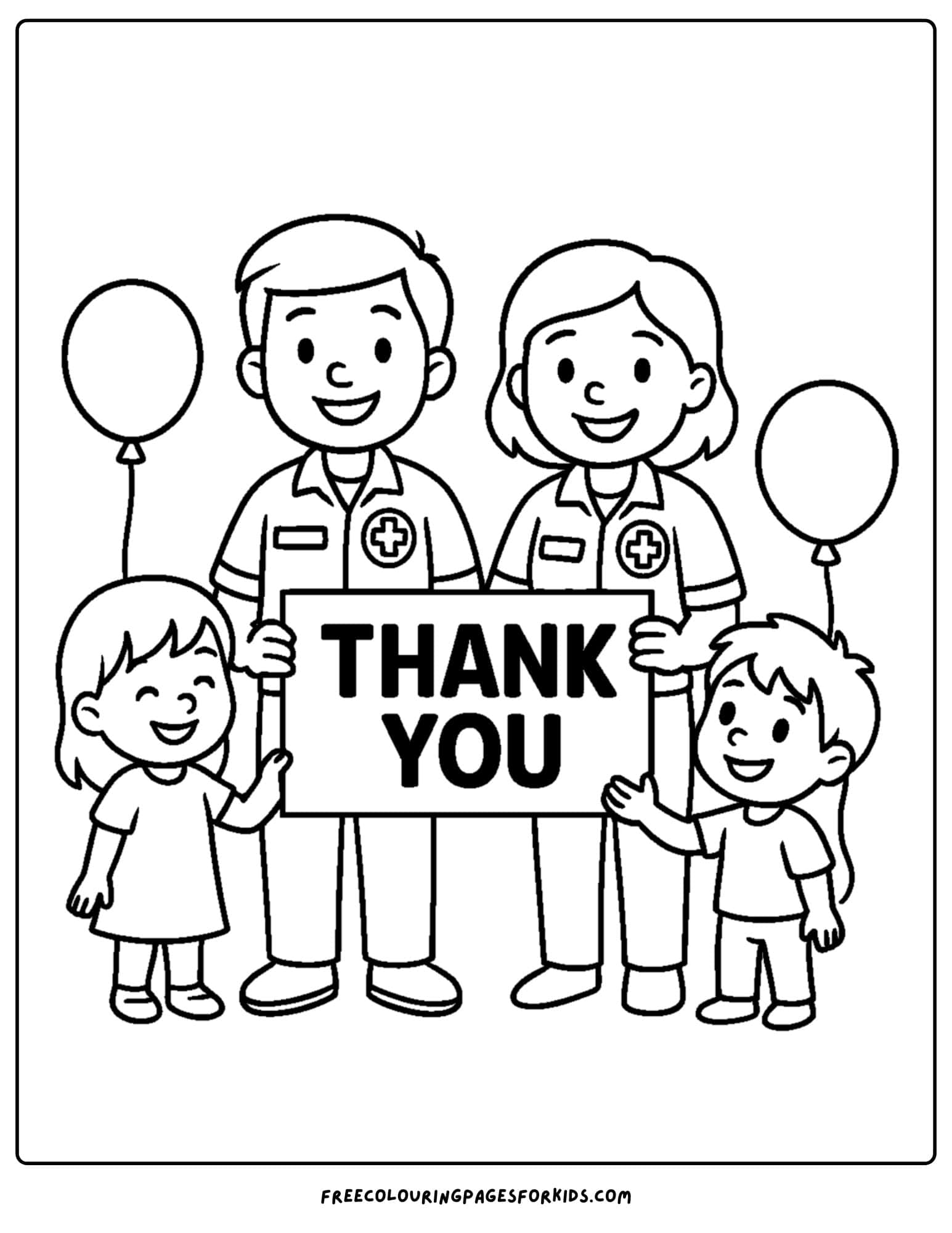 a paramedic emt coloring page featuring the community holding a thank you sign